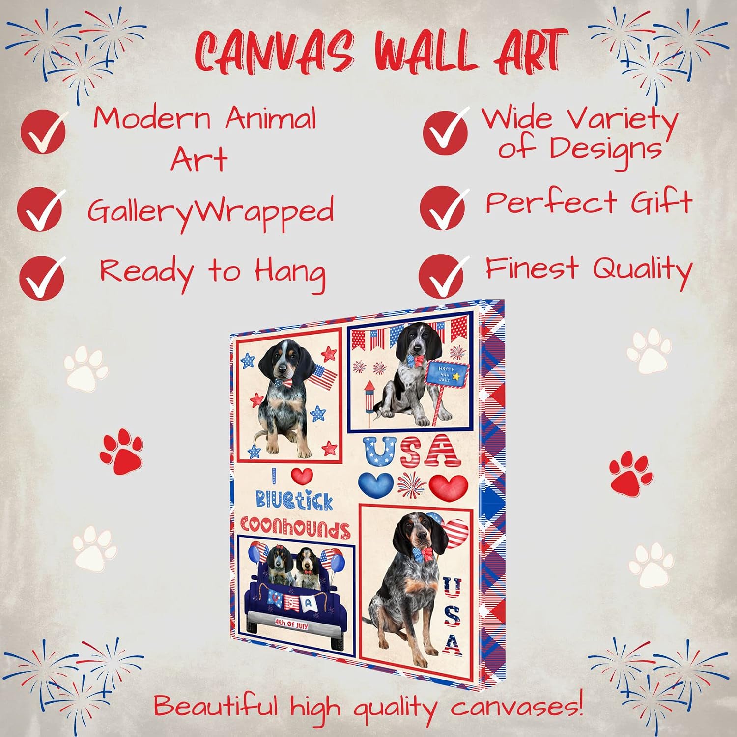 I Love USA with Bluetick Coonhound Dogs Canvas Wall Art - Premium Quality Ready to Hang Room Decor - White Floating Framed 16" x 16"