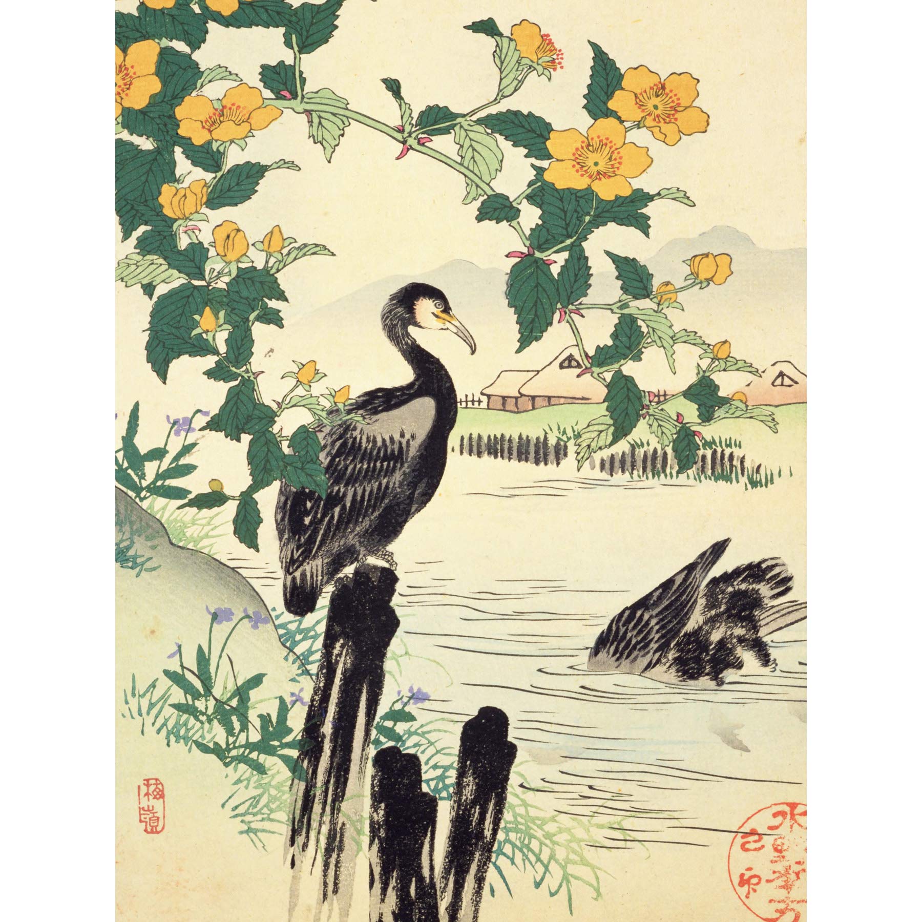 Bairei Kacho Gafu Spring Japanese Kerria And Cormorants Large Wall Art Poster Print Thick Paper 18X24 Inch