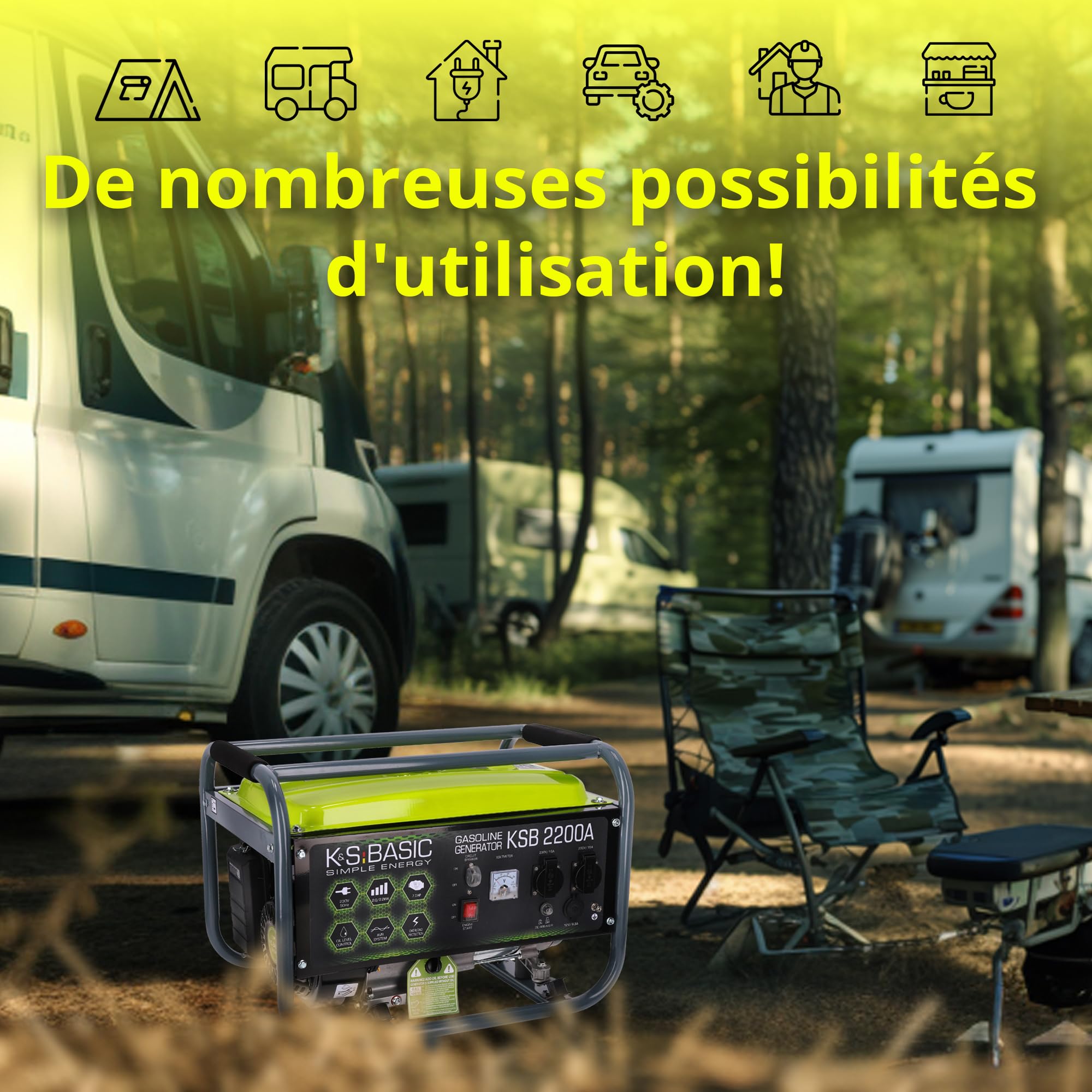 Groupe électrogène à essence KSB 2200A, puissance maximale 2200W, démarrage manuel, puissance moteur 5,5 CV, régulateur AVR, voltmètre, 2x16A (230V), sortie 12V, alternateur en aluminium