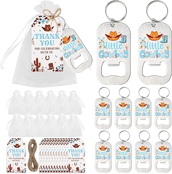 24 Sets Cowboy Bottle Openers Baby Shower Party Favors, Little Cowboy Bottle Openers Keychains Thank You Tags Organza Bags for Western Cowboy Last Rodeo Baby Shower Favors Guest Gifts