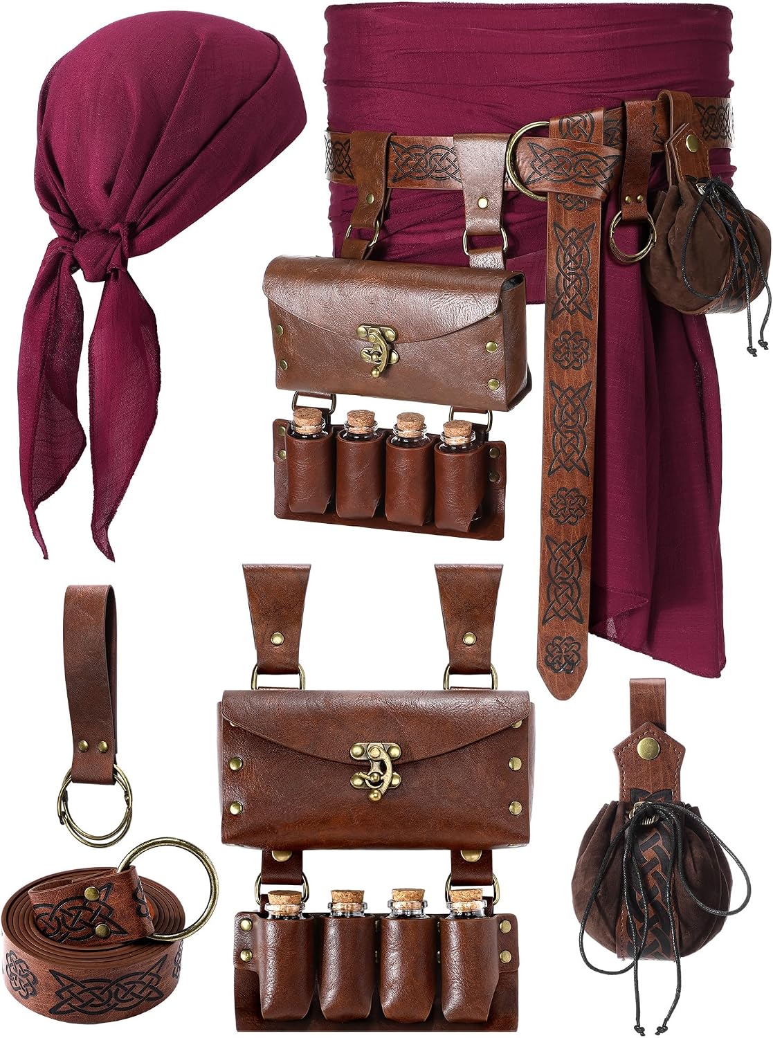 Janmercy Pirate Costume Accessories Men Women Pirate Head Scarf Bandanas Leather Belt Waist Medieval Costume Cosplay Dress up