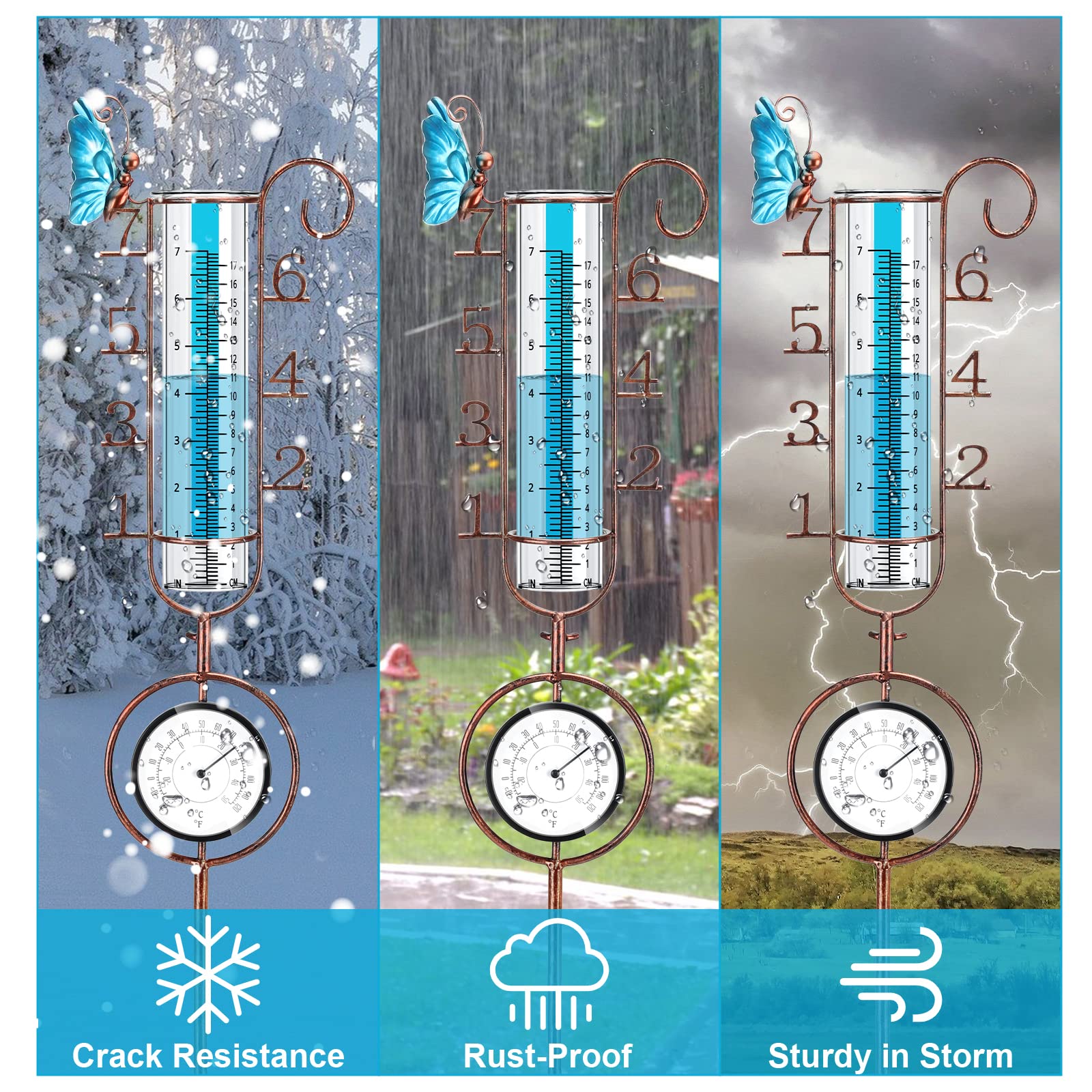 APSOONSELL Rain Gauge Outdoor, 32" Copper Rain Gauges with Large Numbers, 7" Capacity Rain Gauge with Metal Stake for Garden Yard Lawn Decoration, Butterfly