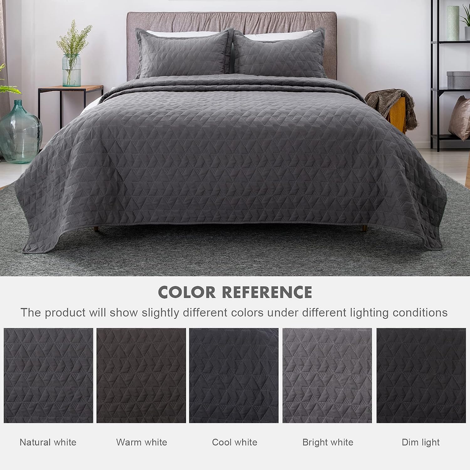 Lucian Dark Grey Quilt Set Twin Size, Geometric Pattern Stitched Bedspread, Lightweight Breathable Summer Comforter Coverlet Sets for All Season, 1 Quilt (68"x86") and 1 Pillow Sham