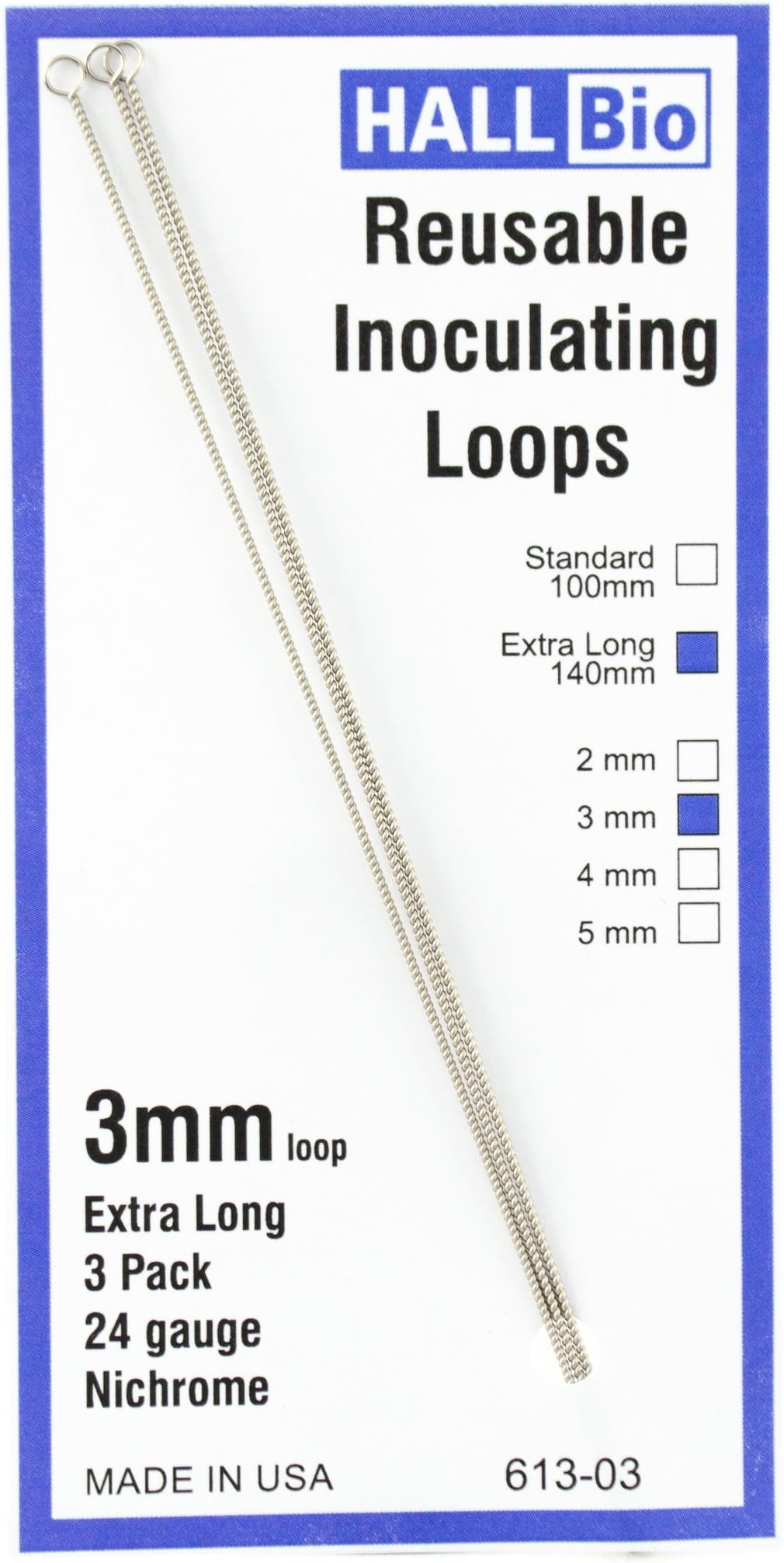 613-03 3mm x 140mm Reusable Inoculating Loops, Nichrome A (3 Pack)
