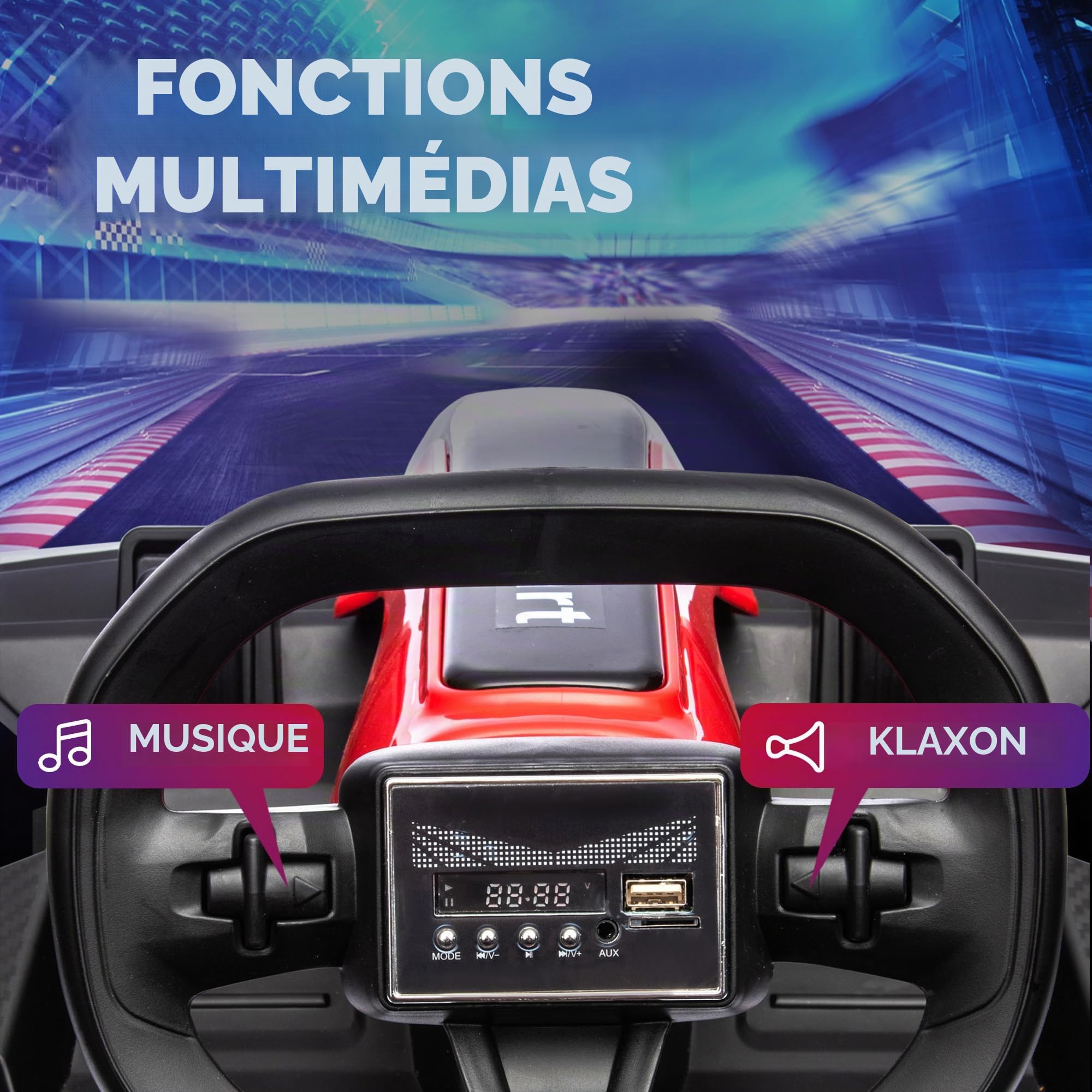 HOMCOM Kart électrique pour enfants 6-12 ans 24V 6-12km/h avec siège réglable, 2 moteurs, kart de dérive avec klaxon, lumières et musique, rouge
