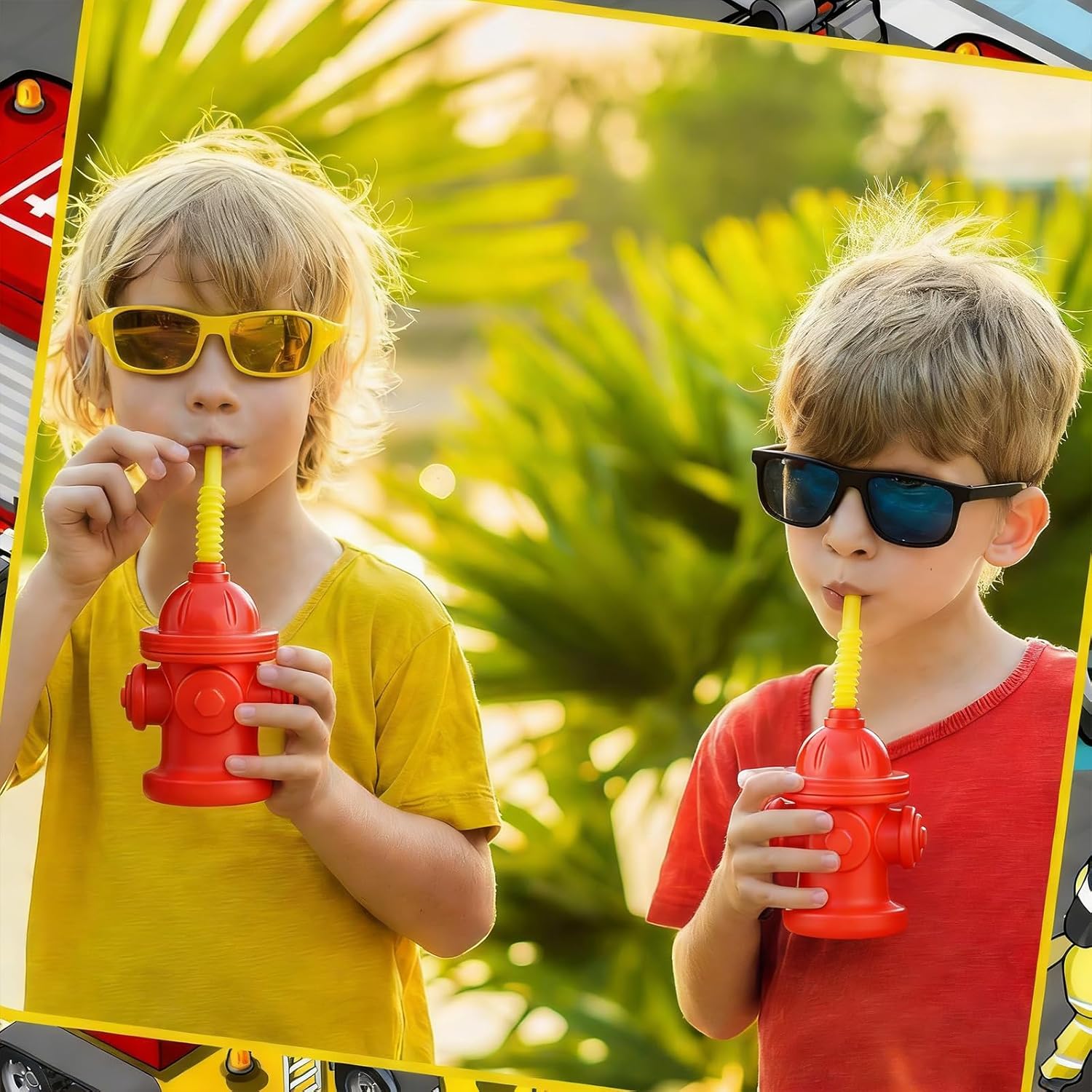 Haundry 16-Pack Fire Hydrant Straw Cups With Lids for Party Decorations, 10oz Firefighter Firetruck Birthday Party Decorations, Reusable Red Plastic Party Supplies