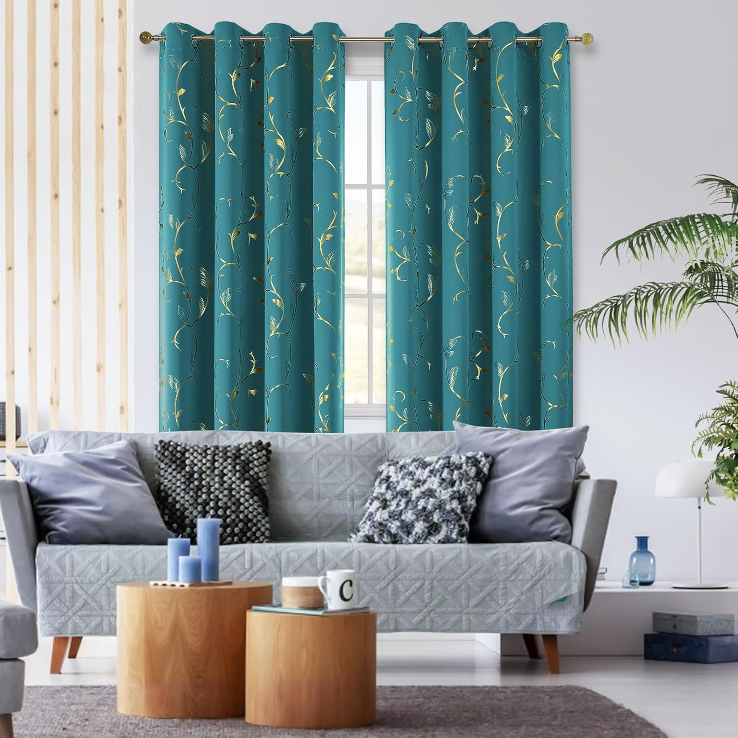 BUHUA Blackout Curtain 2 Panel Set Gold Vine Foil Print Thermal Insulated Drapes Room Darkening Curtains Grommet Window Treatment, 52 x 84 Inch, Teal Blue