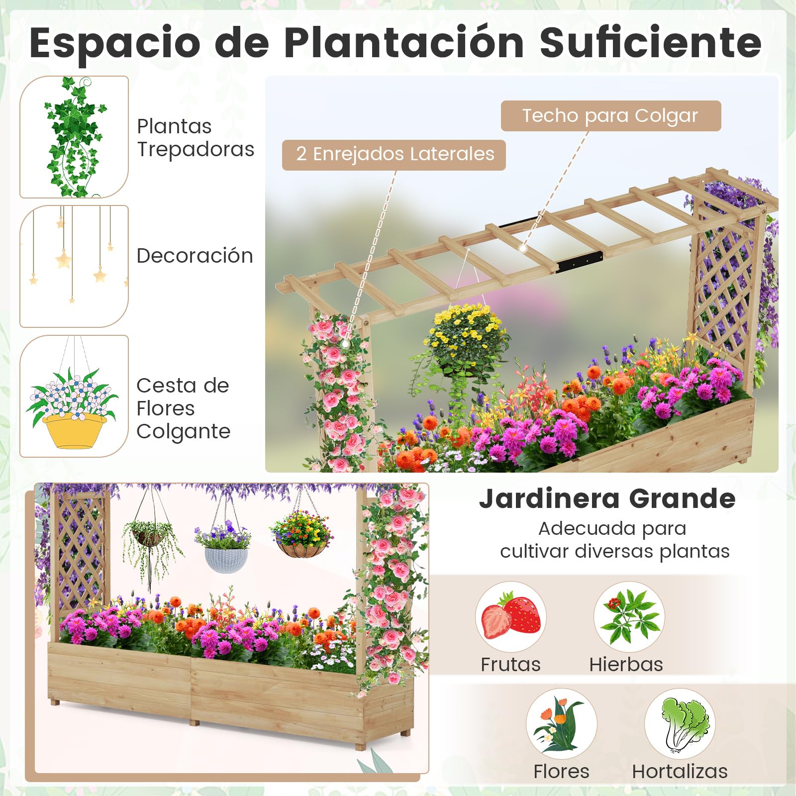 COSTWAY Jardinera Elevado con Enrejado, Techo Colgante, Macetero, Orificios de Drenaje, Contenedor Vertical para Plantas Trepadoras, Macetero de Madera para Jardín Patio (200 x 44 x 114 cm, Natural)