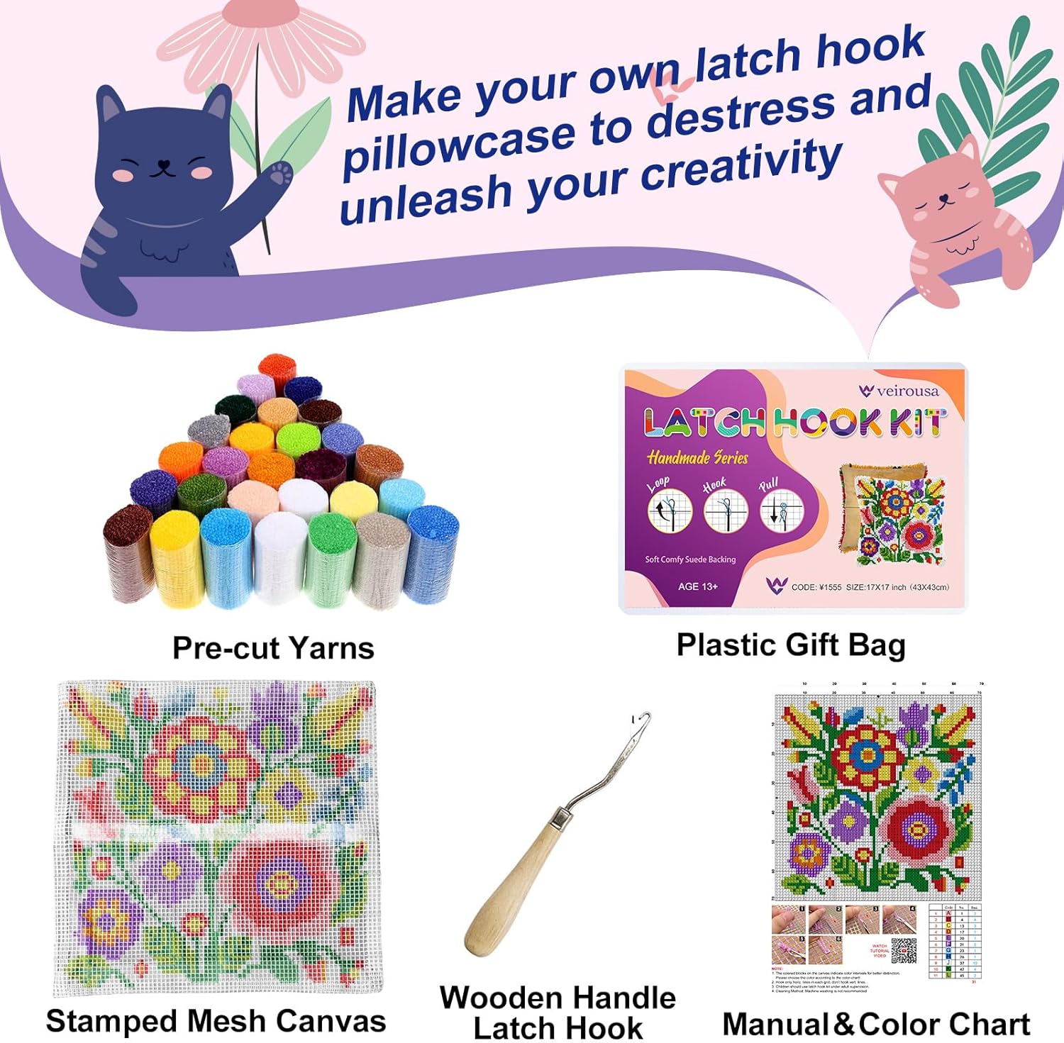 veirousa Colorful Flowers Latch Hook Kits for Adults Beginners - Latch Hook Pillow Kit Pre-Printed Mesh Latch Hook Rug Kits Craft Cushion Set for Home Sofa Decoration 17x17 in. DIY Gift for Mom