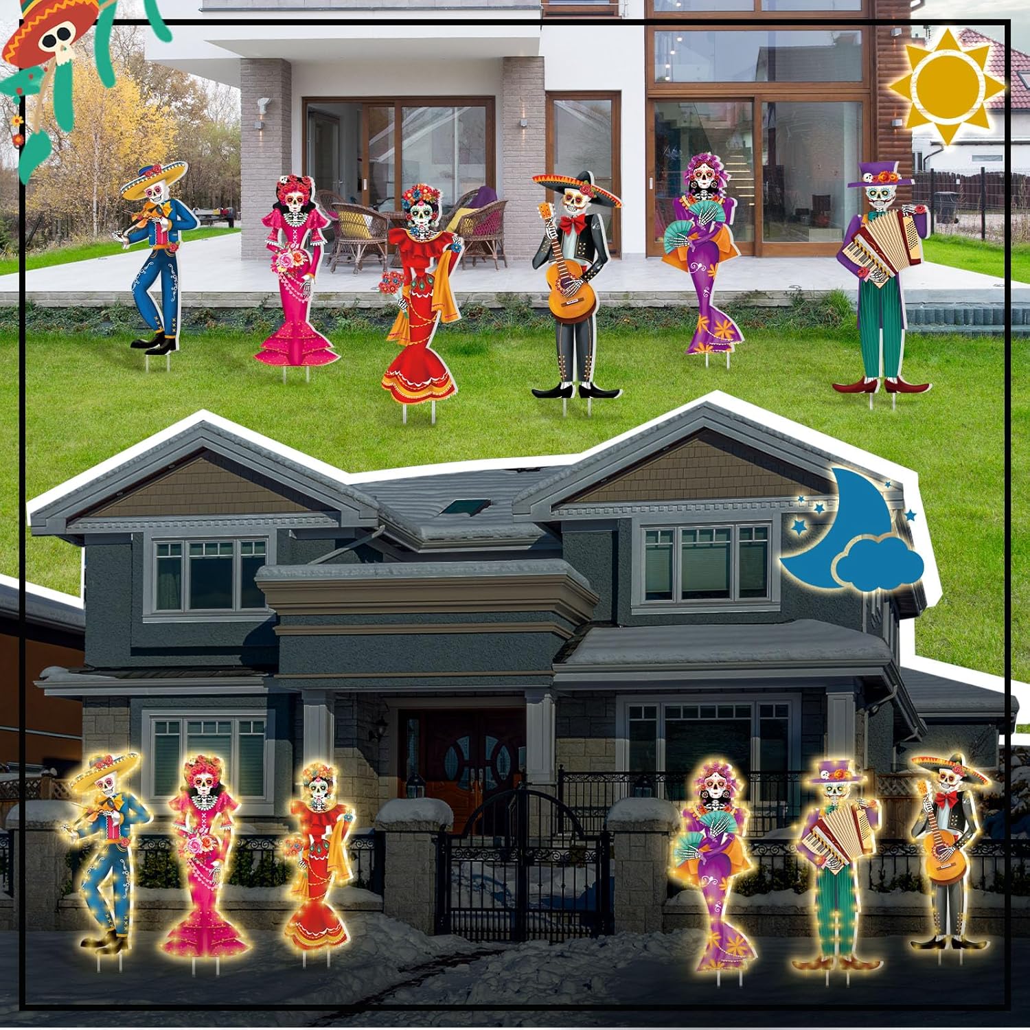 Tioncy 6 Pcs Day of The Dead Yard Decorations Outdoor Dia De Los Muertos Outside Yard Signs with Stakes String Lights Halloween Sugar Skull Couple Skeleton Decor for Mexican Fiesta Party Lawn Garden