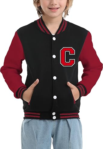 Kids Baseball Varsity Jacket Boys Uniform Bomber Girls Casual Sports Coat Youth 2-14 Year Red Letterman Jacket