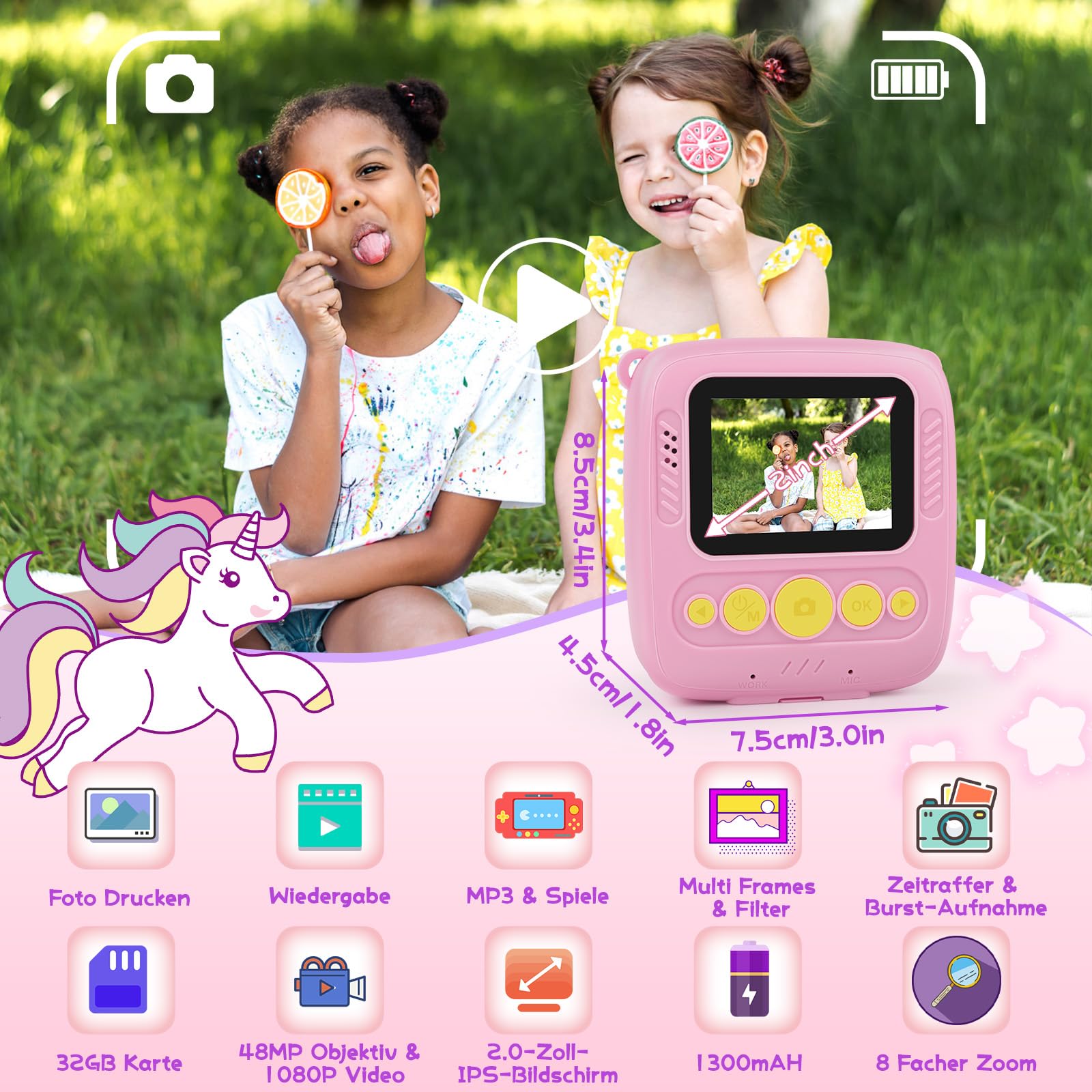 Dhapy sofortbildkamera Kinder, 48MP Kinderkamera Sofortbildkamera mit Druckpapier & 32 G TF Karte, 1080P Digitalkamera Kinder, Geschenke für Jungen und Mädchen 3 4 5 6 7 8 9Jahre Rosa