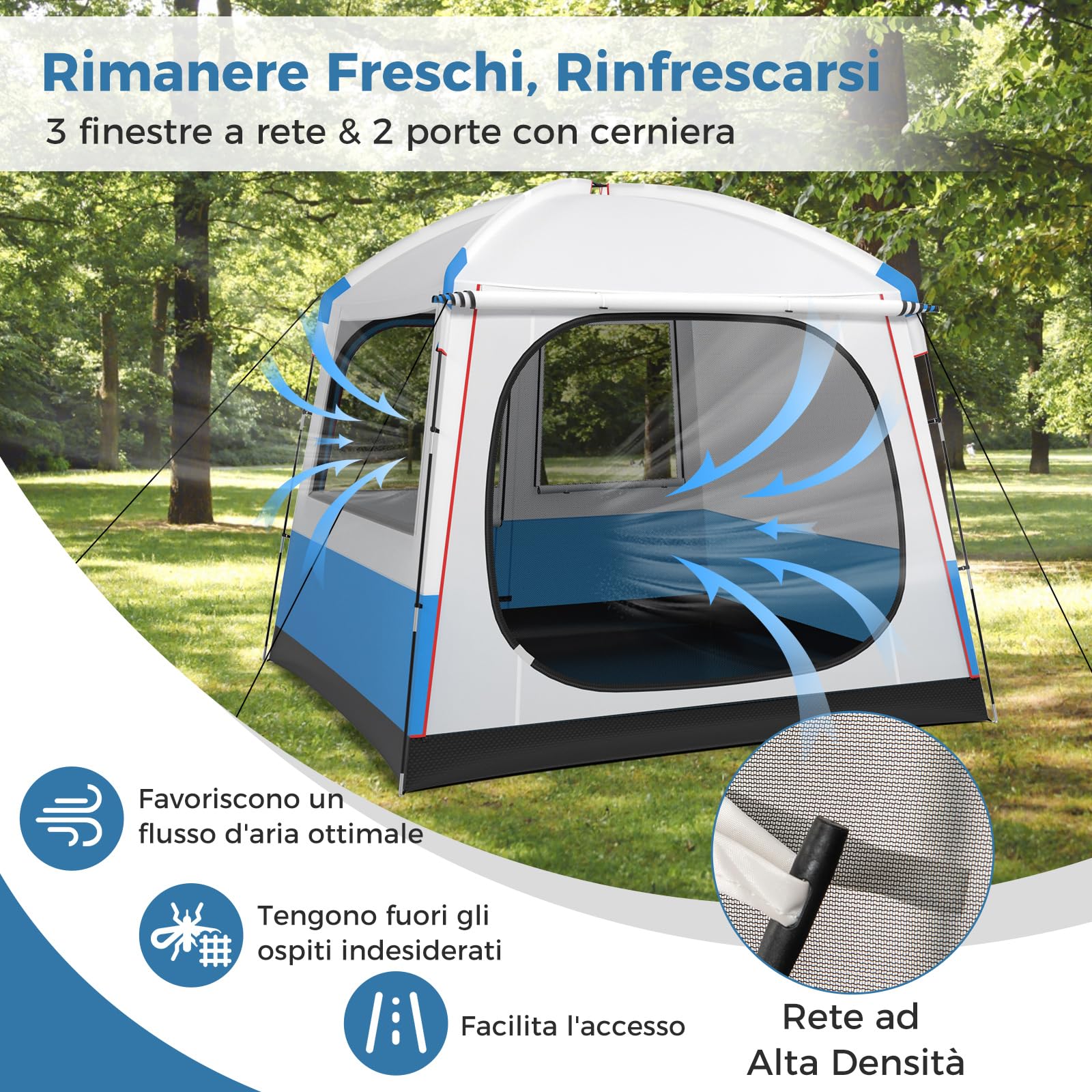 GYMAX Tenda da Campeggio per 5 Persone, Tenda Impermeabile Antivento con Ampie Porte in Rete a Doppio Strato, Finestre in Rete e Borsa da Trasporto, Tenda Familiare Portatile per Escursioni Viaggi