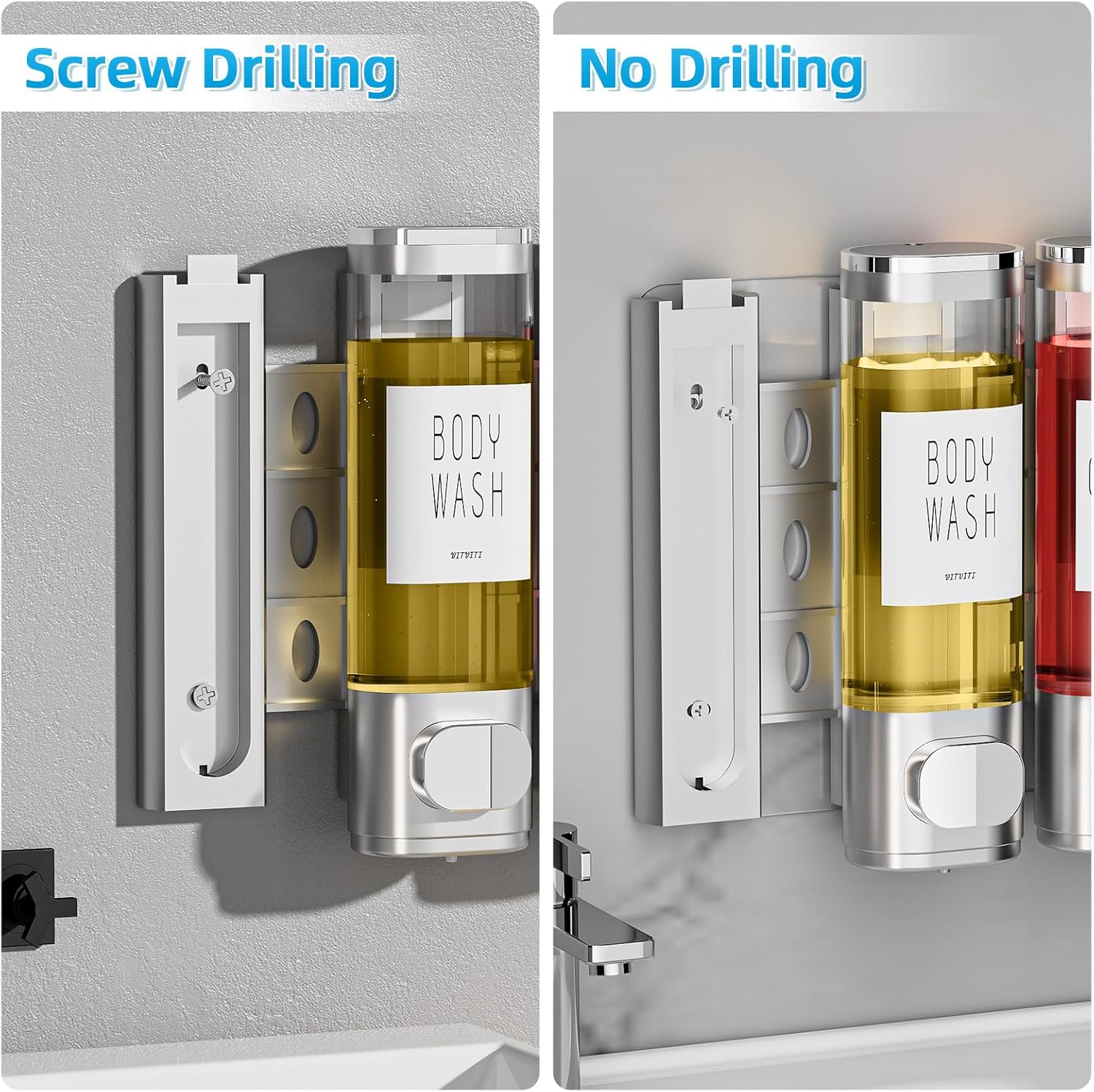 VITVITI Shampoo and Conditioner Dispenser for Shower Wall, Shower Soap Dispenser 3 Chamber No Drill Wall Mounted, 10.2 OZ Plastic Refillable Shower/Body Wash Bottles for Bathroom (Matte Silver) - Image 5