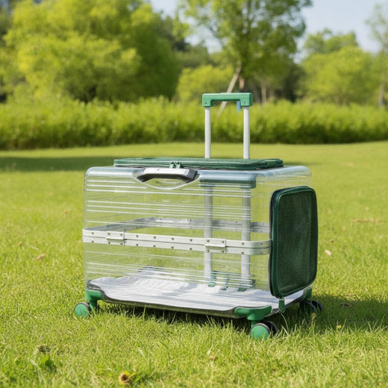 predolo Transportín Transparente con Ruedas Rígido Transportín con Ruedas Ventilado Maleta Transportadora para Perros Pequeños, Viajeros, Verde Transparente