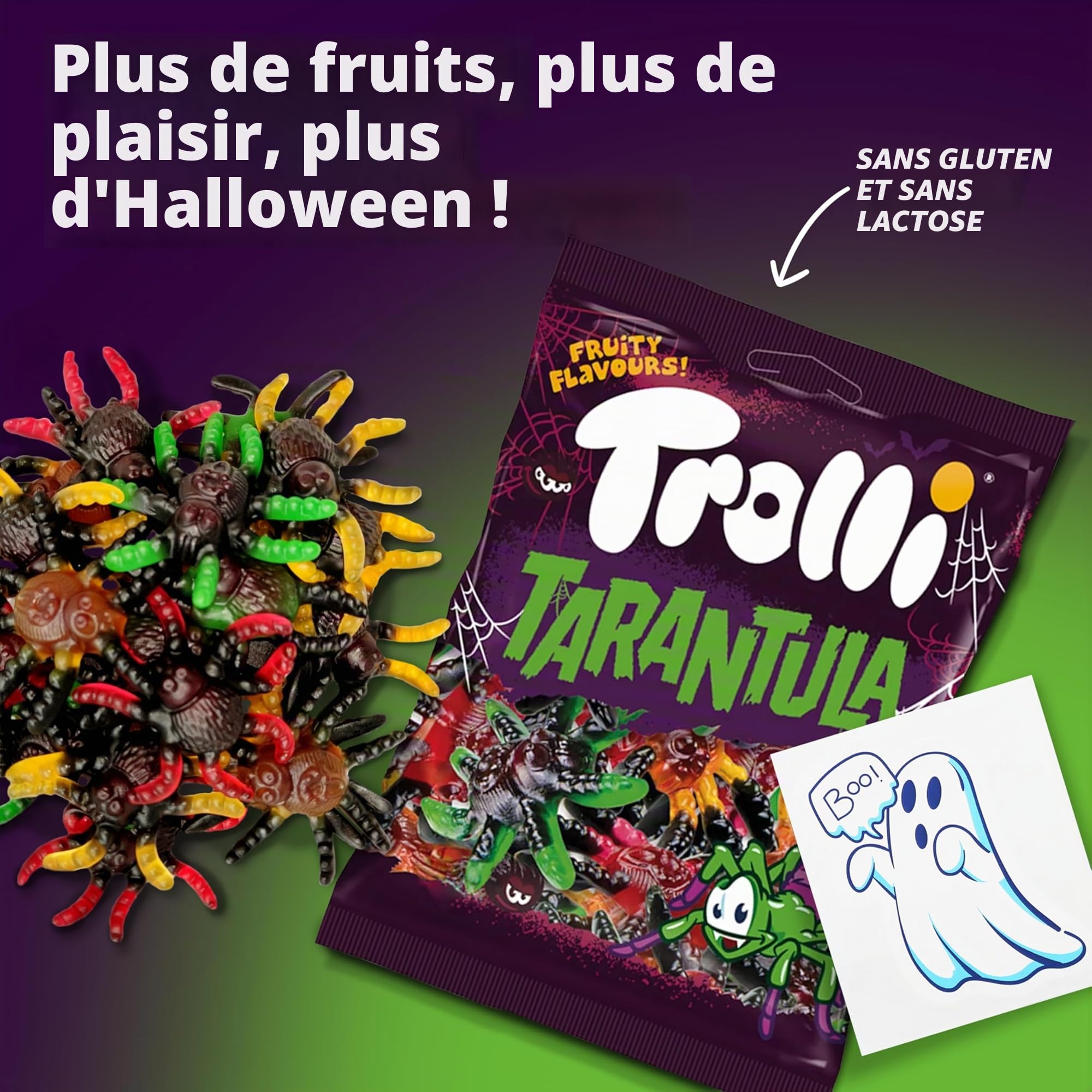 Trolli Ensemble de Tarentules en Caoutchouc de 2 Pièces 150 g Chacune Inclus Autocollants Fantômes, Sans Lactose et Sans Gluten, Bonbons à la Gelée de Fruit en Forme de Tarentule en Divers Saveurs