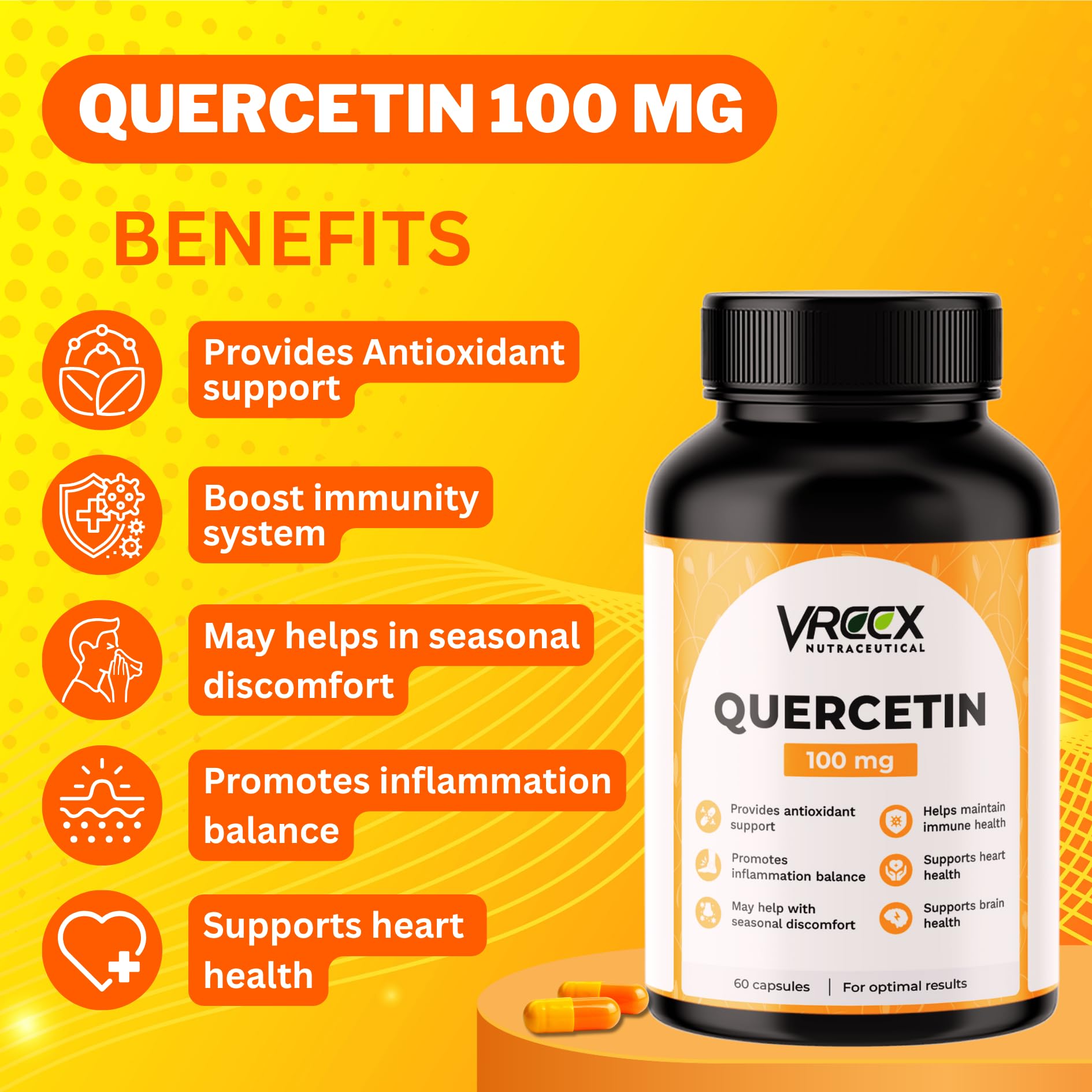 VREEX Quercetin 100 mg β Natural Bioflavonoid for Immune Support, Antioxidant Protection, Healthy Inflammatory Response & Heart Health (60 Capsules) 2