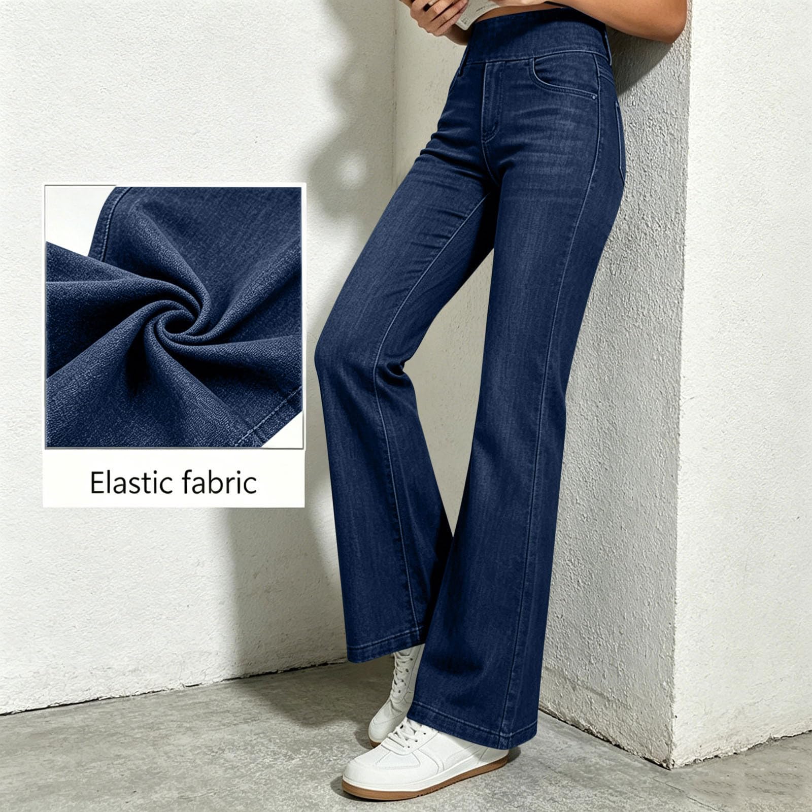 Générique Pantalon De Jean Évasé pour Femme avec Taille Haute Élastique Et Poches - Pantalons Style Rétro À Coupe Cloche, Idéal comme Pantalon Décontracté pour Le Quotidien Et Le Week-End.