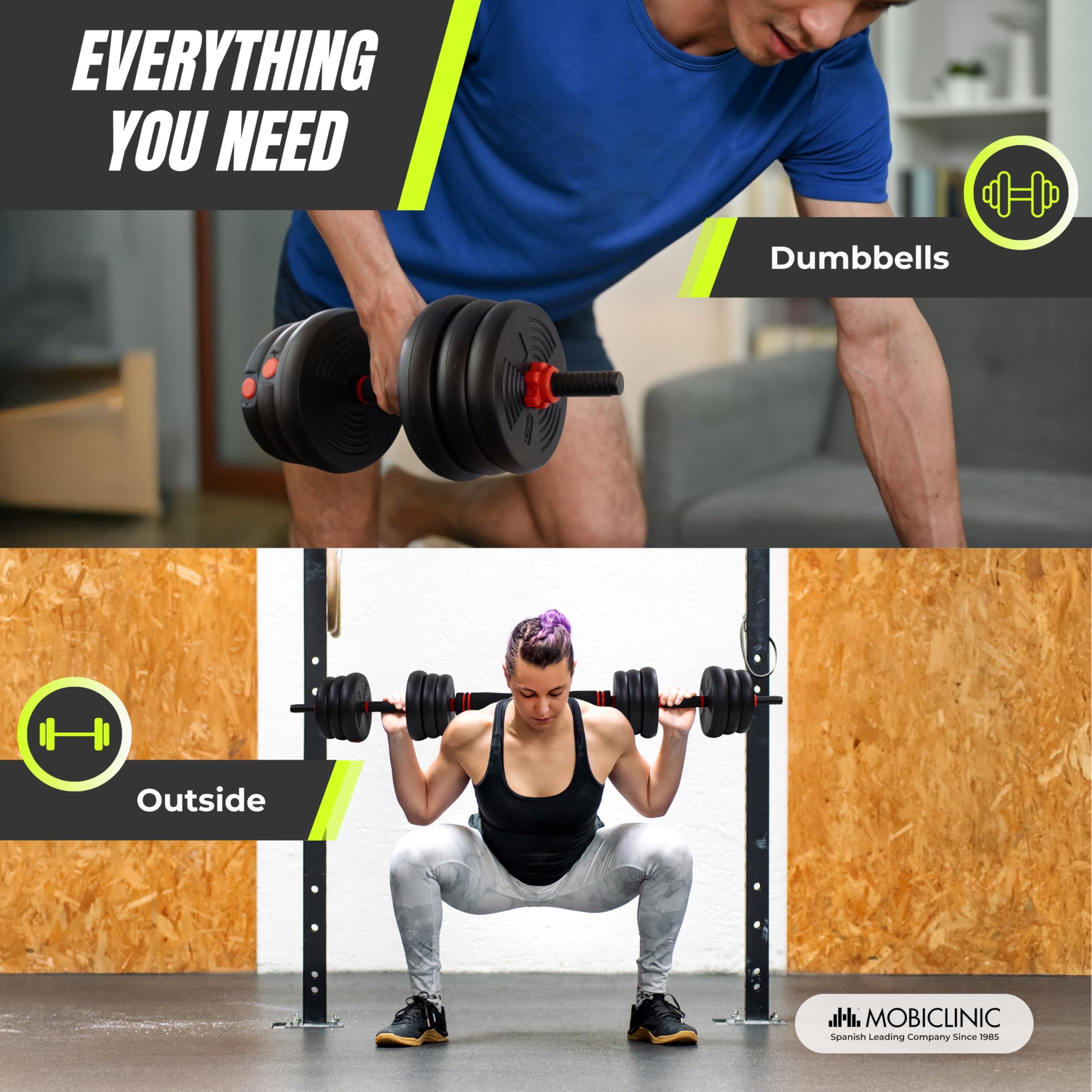 Mobiclinic®, Mancuernas Ajustables 20 Kg, 4 en 1, Juego de Pesas, Mancuernas, Kettlebells y Soporte para Flexiones, Barra de Conexión, Agarre Antideslizante, Mobimax, Gimnasio en Casa, Fitness