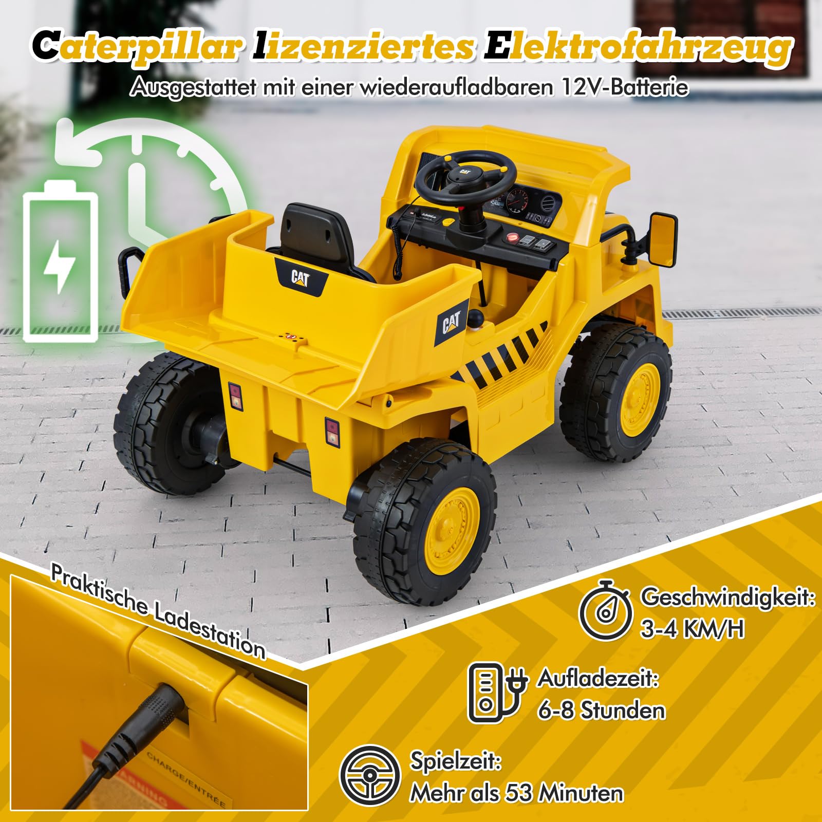COSTWAY Caterpillar Elektroauto für Kinder, 12V Muldenkipper zum Draufsitzen mit Sandschaufel & Kippbett & Megafon, Elektro Kinderauto mit Fernbedienung, Aufsitz Kipper für Kinder ab 3 Jahren