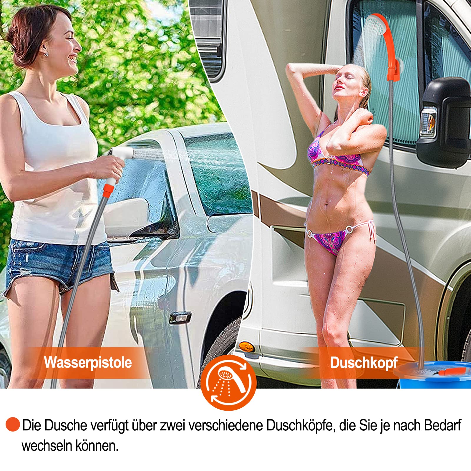 Aufun Campingdusche Akku Camping Dusche Outdoor mit Handbrause, eingebauter 2200mAh wiederaufladbarer Akku, USB-Ladekabel, Wasserpumpe für Camping, Wandern, Reisen, Garten, Strand