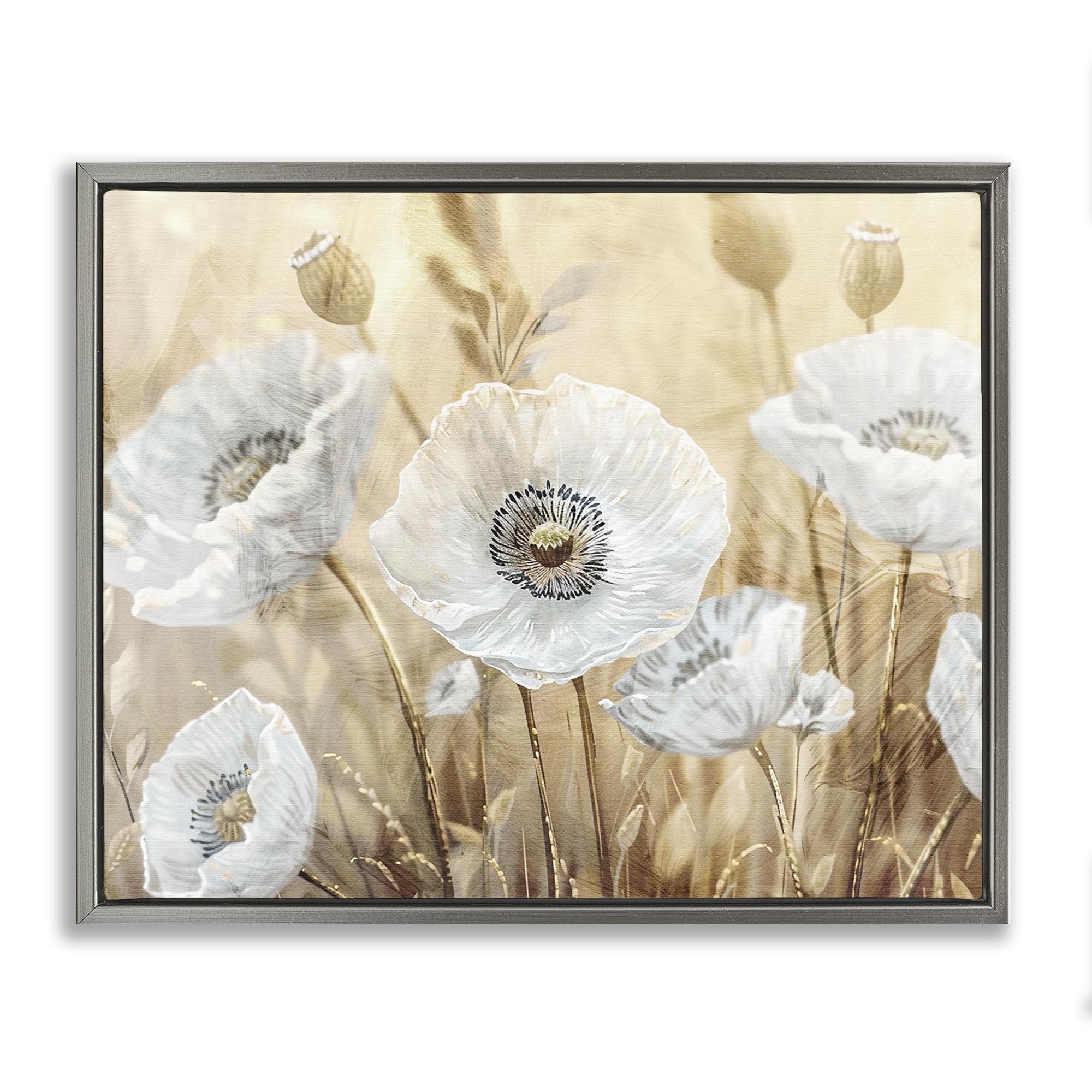 Stupell Industries Luster Gray (Matte) 'White Poppies Beige Field', Floating Frame Canvas Art, Gray, 31 X 25 Inches, Easy To Hang And Sturdy, Made In Usa, By Kim Allen