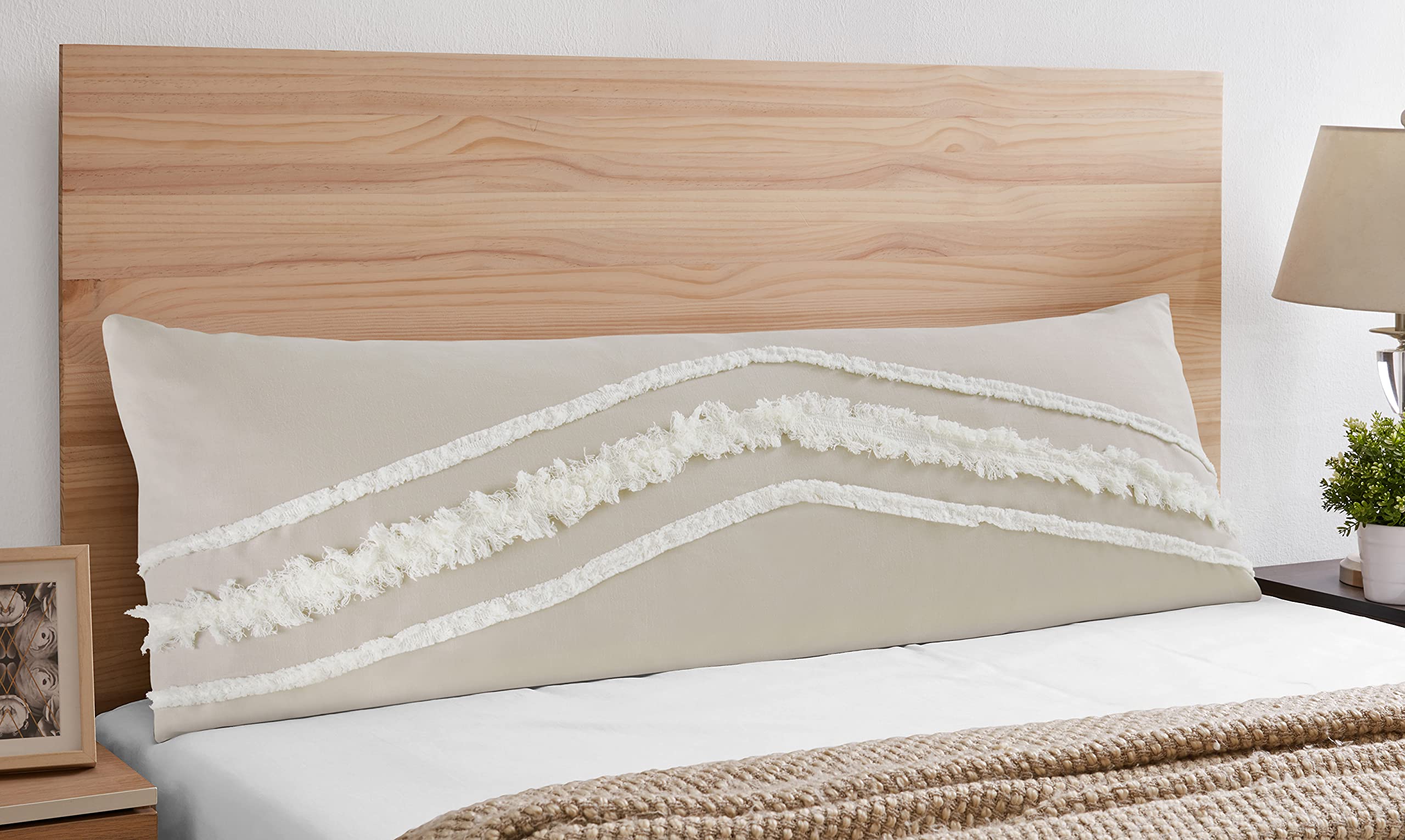 Sweet Jojo Designs Bohemian Boho Chic Taupe Linen and Ivory Macrame Tufted Tassel Body Pillow Cover Case Accent Decorative Couch Long Throw Zipper 54x20 Beige Minimalist Farmhouse Geometric Room Decor