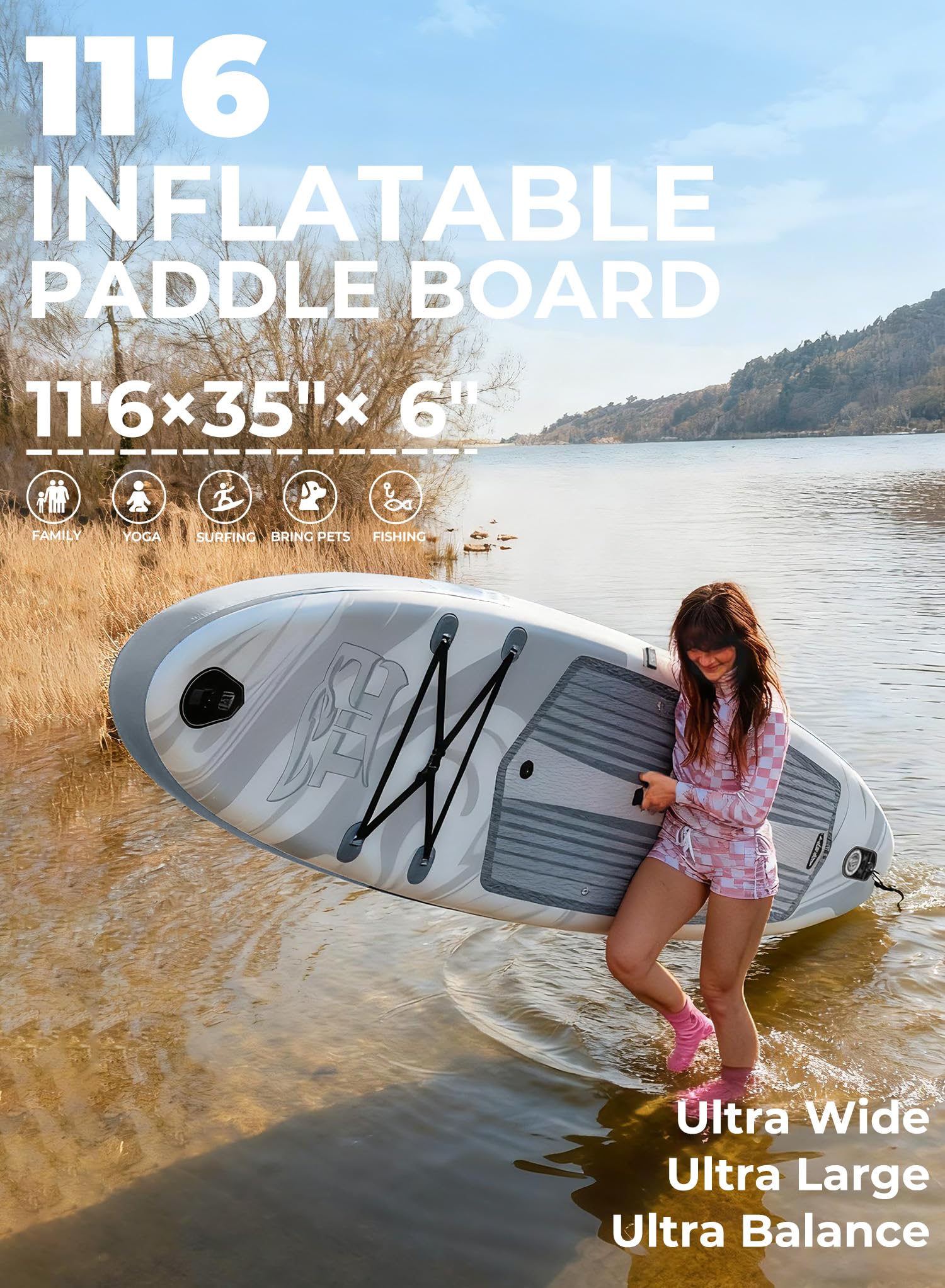 TIGERXBANG Planche à Pagaie Gonflable de 353x89x15cm avec Accessoires Complets, Grandes Planches à Pagaie de Qualité Supérieure pour Adultes/Jeunes, Collection Polar Frost