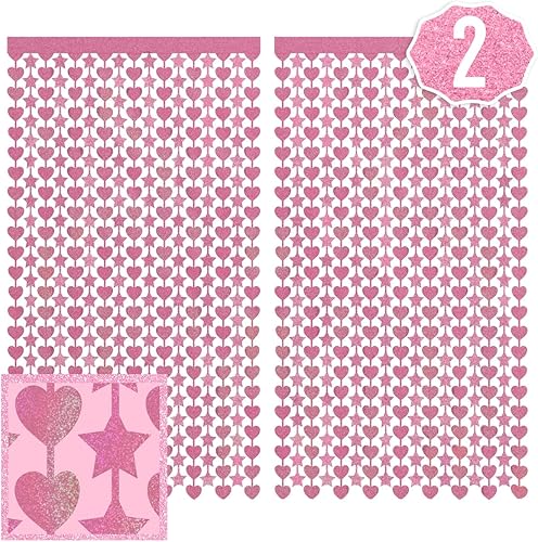 xo, Fetti Cortina de papel de aluminio de estrella y corazón rosa, juego de 2 | fiesta de cumpleaños rosa, telón de fondo de flecos de despedida de