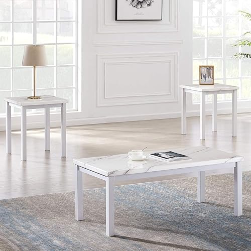 Recaceik Juego de 3 mesas auxiliares, parte superior de mármol sintético con marco de metal, muebles de sala de estar, color blanco, 42.12 x 20.07 x