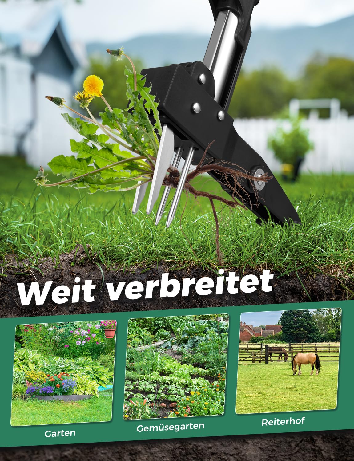 YISSVIC Unkrautstecher mit Stiel Teleskop Länge 100 CM-120 cm Hochfester Edelstahl 4 Krallen Unkrautentferner Keine Montage Grün