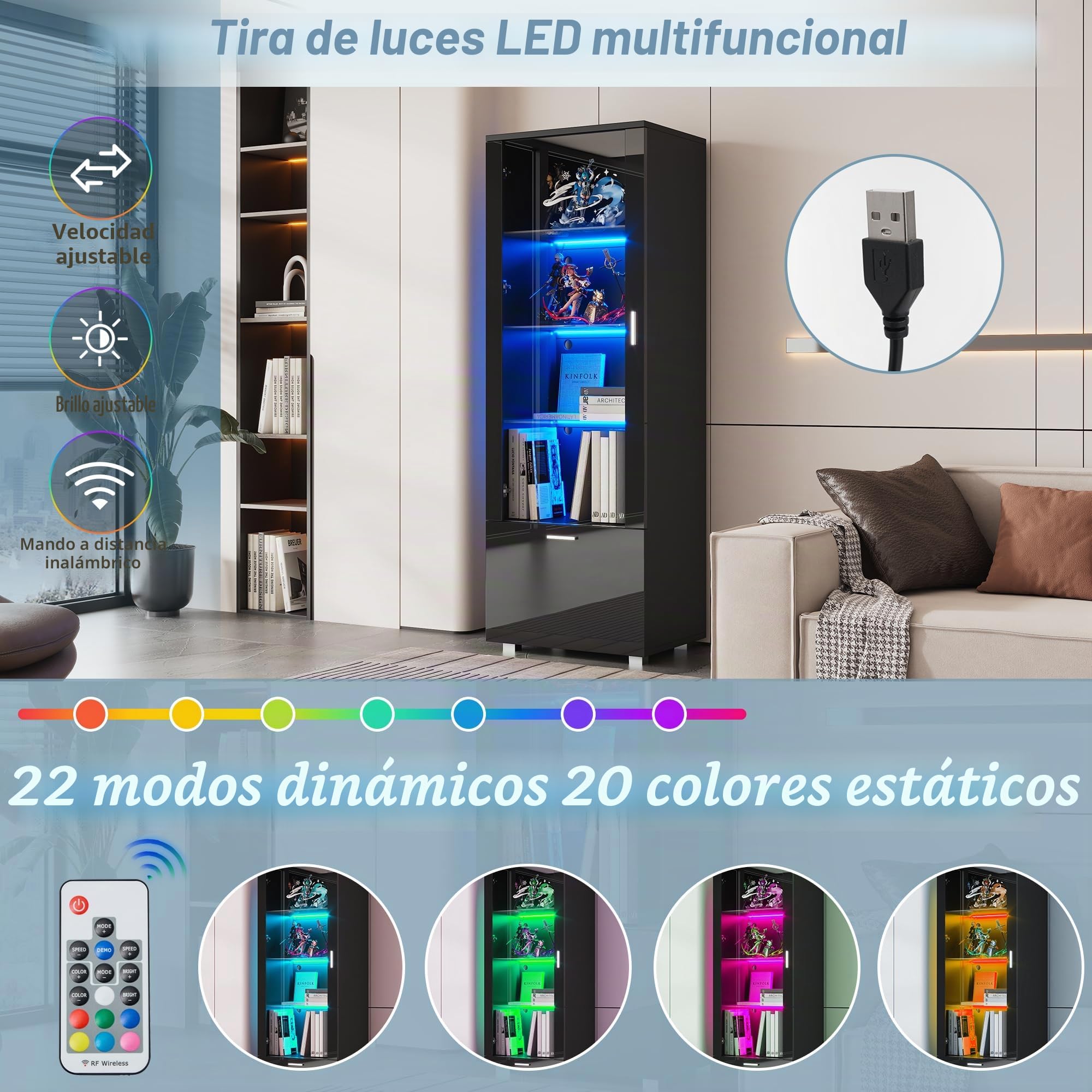 Merax Vitrina con LED, moderna vitrina con 3 estantes, cajón, vitrina brillante para coleccionables, estantería con puerta acrílica, para salón, dormitorio, 50 x 40 x 160 cm, color negro
