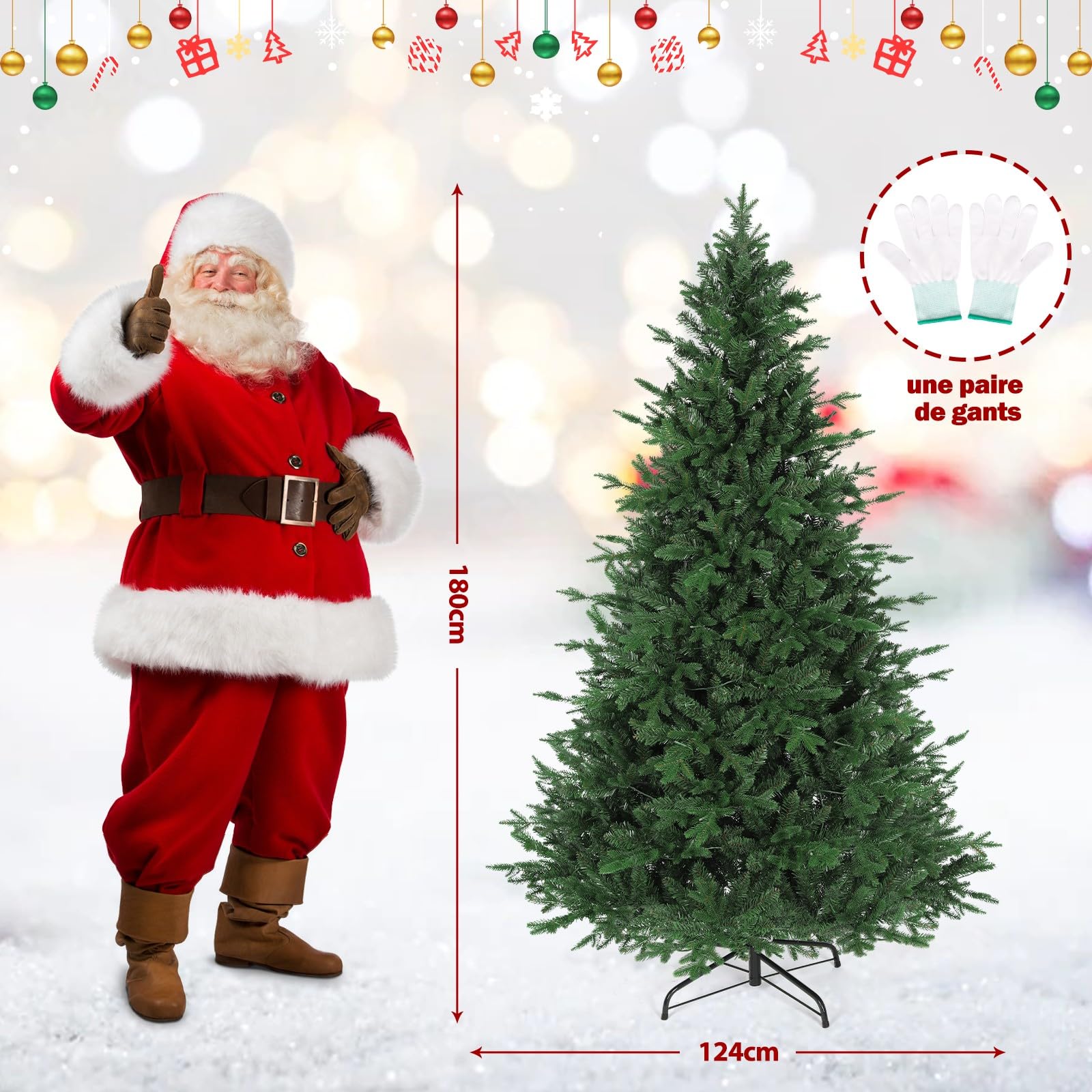 Sapin de Noël Artificiel de 180CM en PE & PVC avec 250 LED (Ø env. 124 cm) avec Neige, 1000 Pointes de Branches, Charnières en Métal & Support Pliable, Xmas Sapin pour Maison, Fête, Décoration de Noël