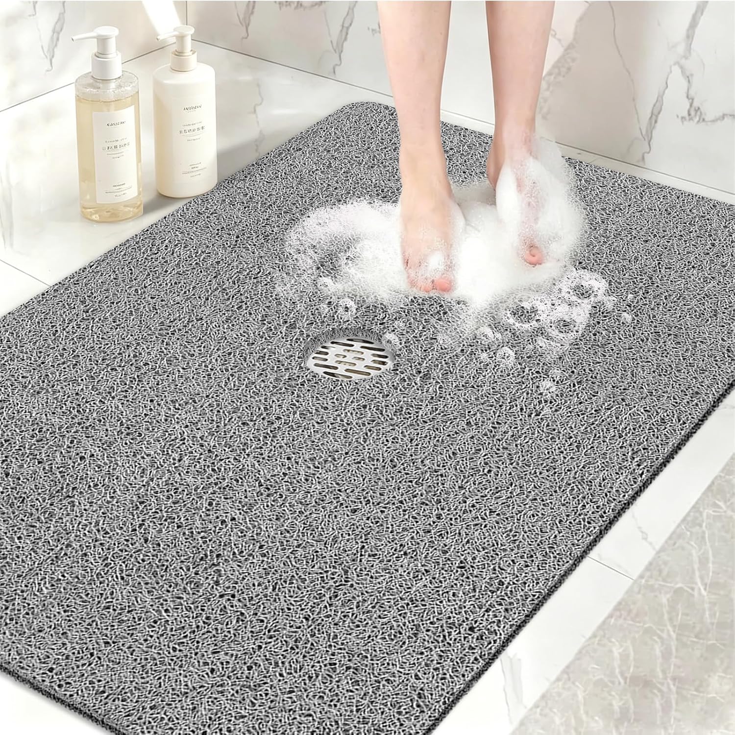 Shower Mat Non Slip, 47" x 32" Extra Large Soft Loofah Shower Mats for Inside Shower with Center Drain Hole, Anti Slip Shower Floor Mat for Elderly, Quick Drying, Grey