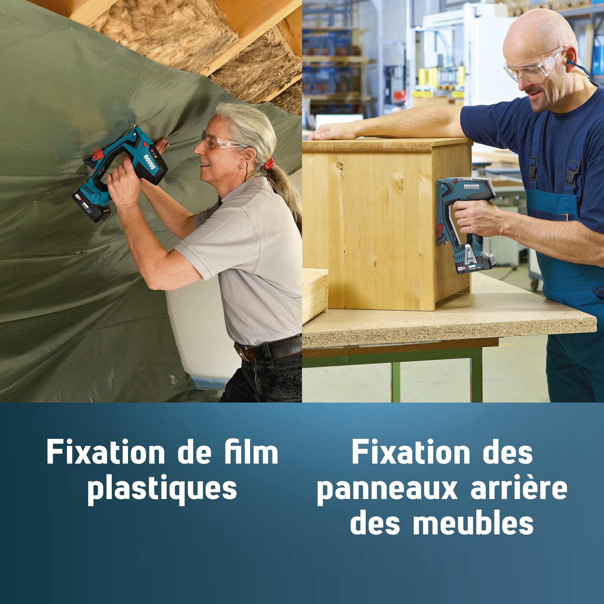 NOVUS TOOLS Agrafeuse sans fil professionnelle J-551 Kit avec 9.800 agrafes │ Pour agrafes en fil plat 6-14 mm et clous 16 mm │ Compatible avec CAS 18V │ Agrafeuse cloueuse sans batterie et chargeur