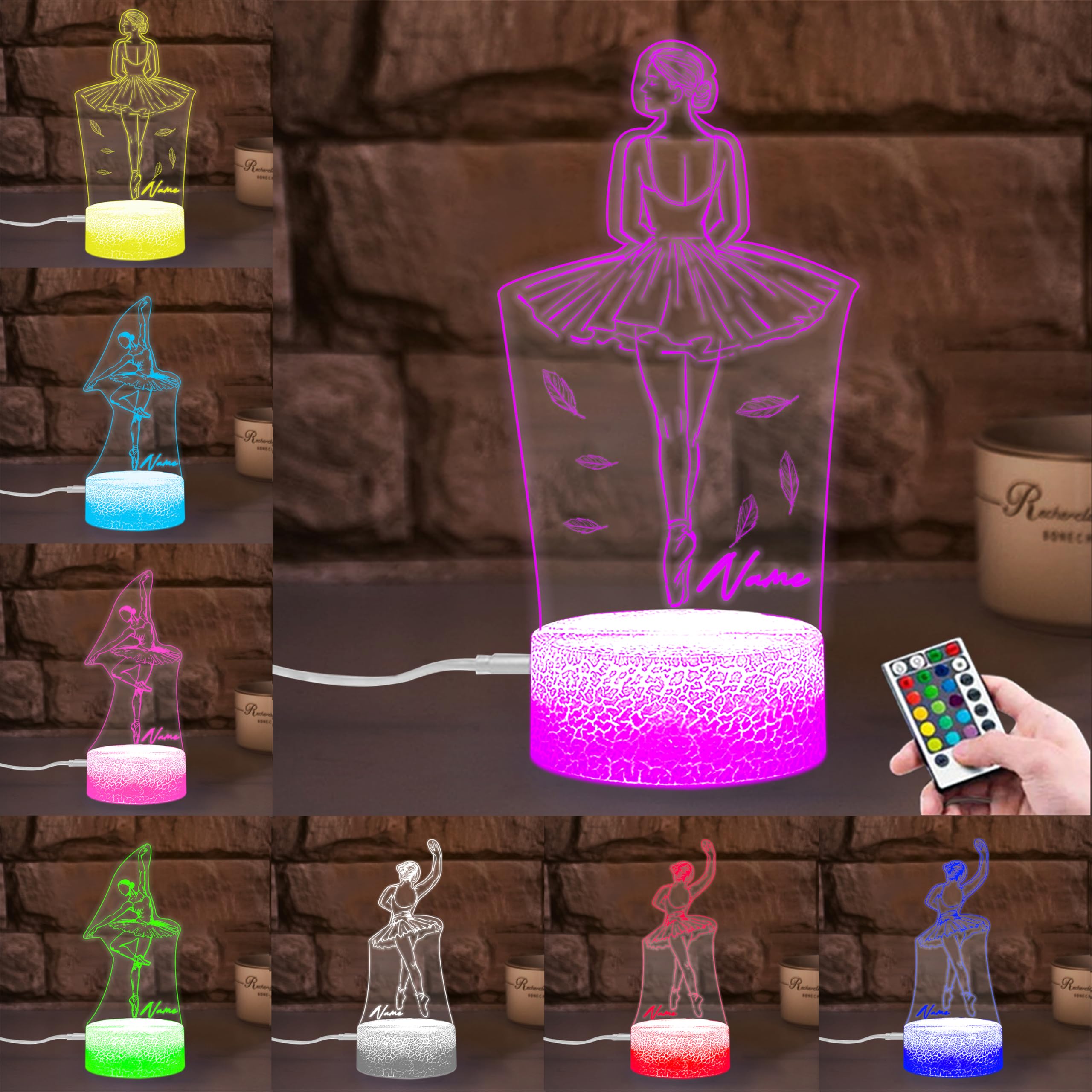 SSRUI Personalized Ballet Night Light Custom Name 3D Illusion Lamp with Multiple Colors Changing, Led Ballet Desk Lamp Home Decor Gifts for Christmas Birthday