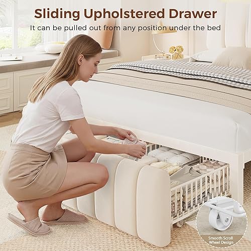 Miniatura 5 de Base de cama Queen con cabecera de almacenamiento, base de cama blanca tapizada tamaño Queen con cajones de almacenamiento y estación de carga, cama