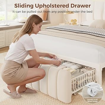 Jocoevol Full Size Bed Frame with Storage Headboard,Upholstered White Bed Frame Full with Storage Drawers and Charging Station,Velvet Platform Metal Bed, Noise-Free No Box Spring Needed