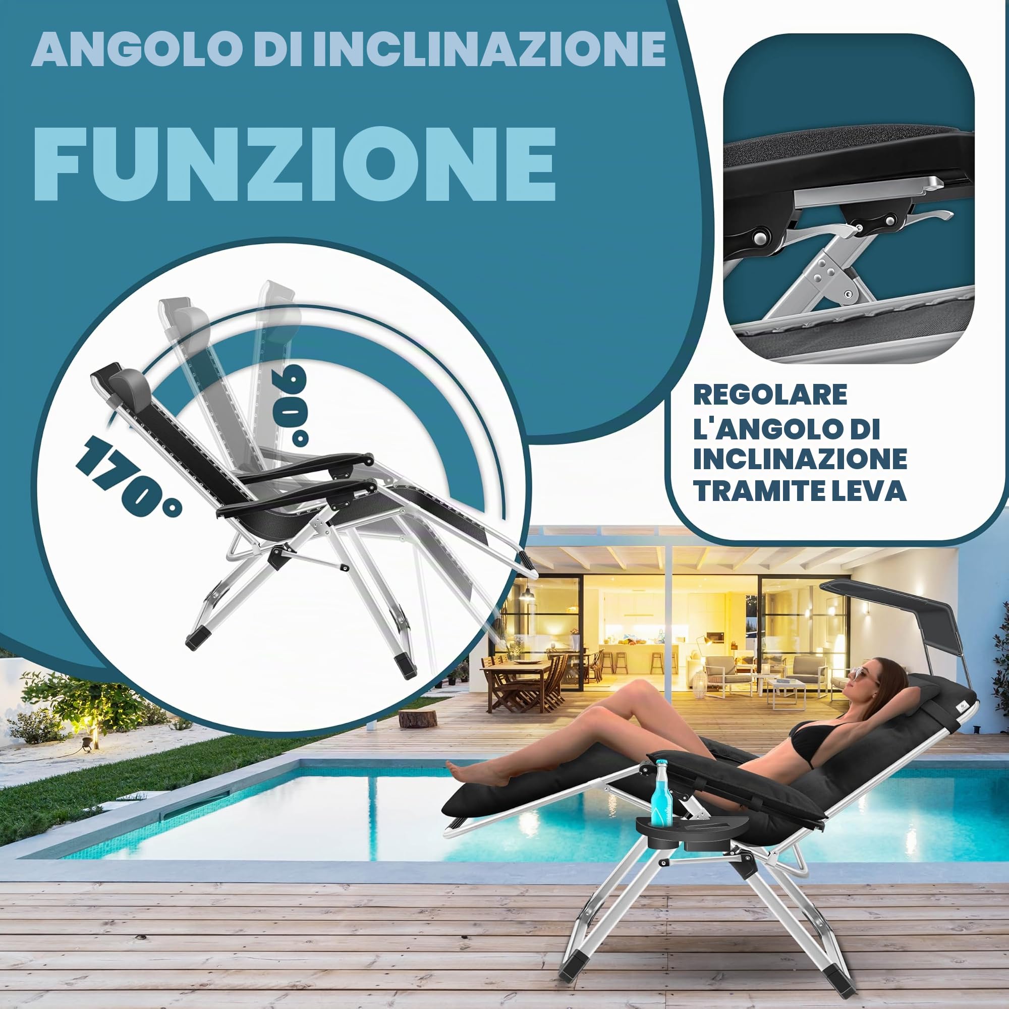 KESSER® Lettino XXL - pieghevole, Resistente alle Intemperie, Portata 200 kg, Rivestimento ergonomico, Schienale regolabile, Portabicchieri e Cuscino per le Braccia, Con Tenda - Nero