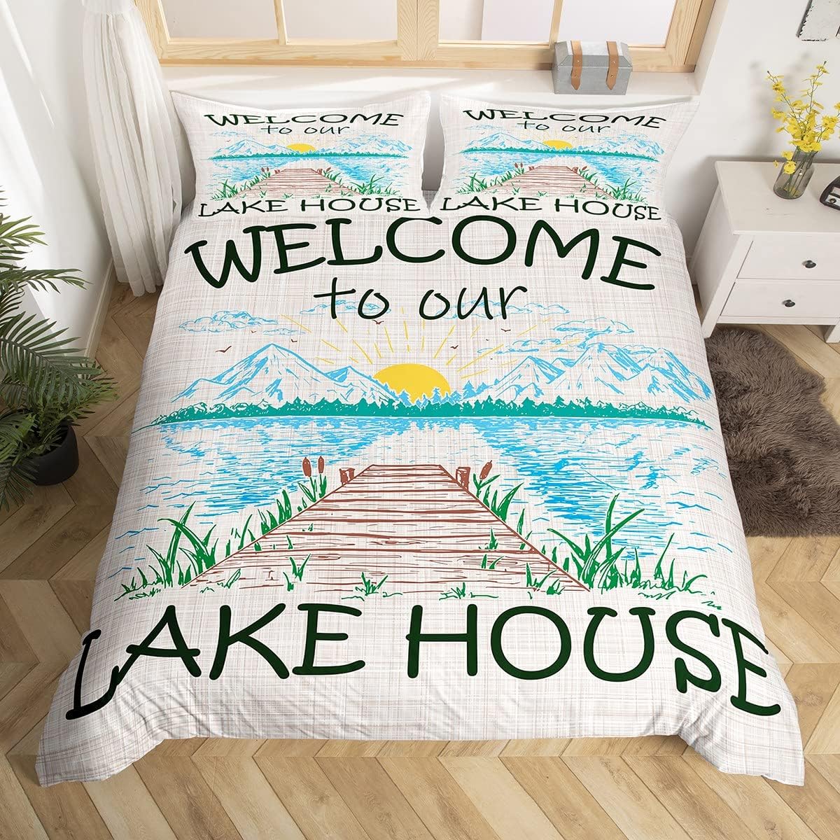 Lake House Duvet Cover Queen Size Rustic Farmhouse Bedding