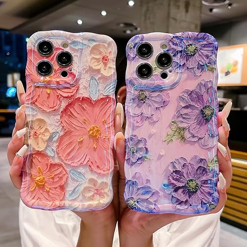 Miniatura 5 de Funda para iPhone 14 Pro Max, colorida pintura al óleo retro flor linda rizada con borde floral para mujeres y niñas, protección de cámara, funda