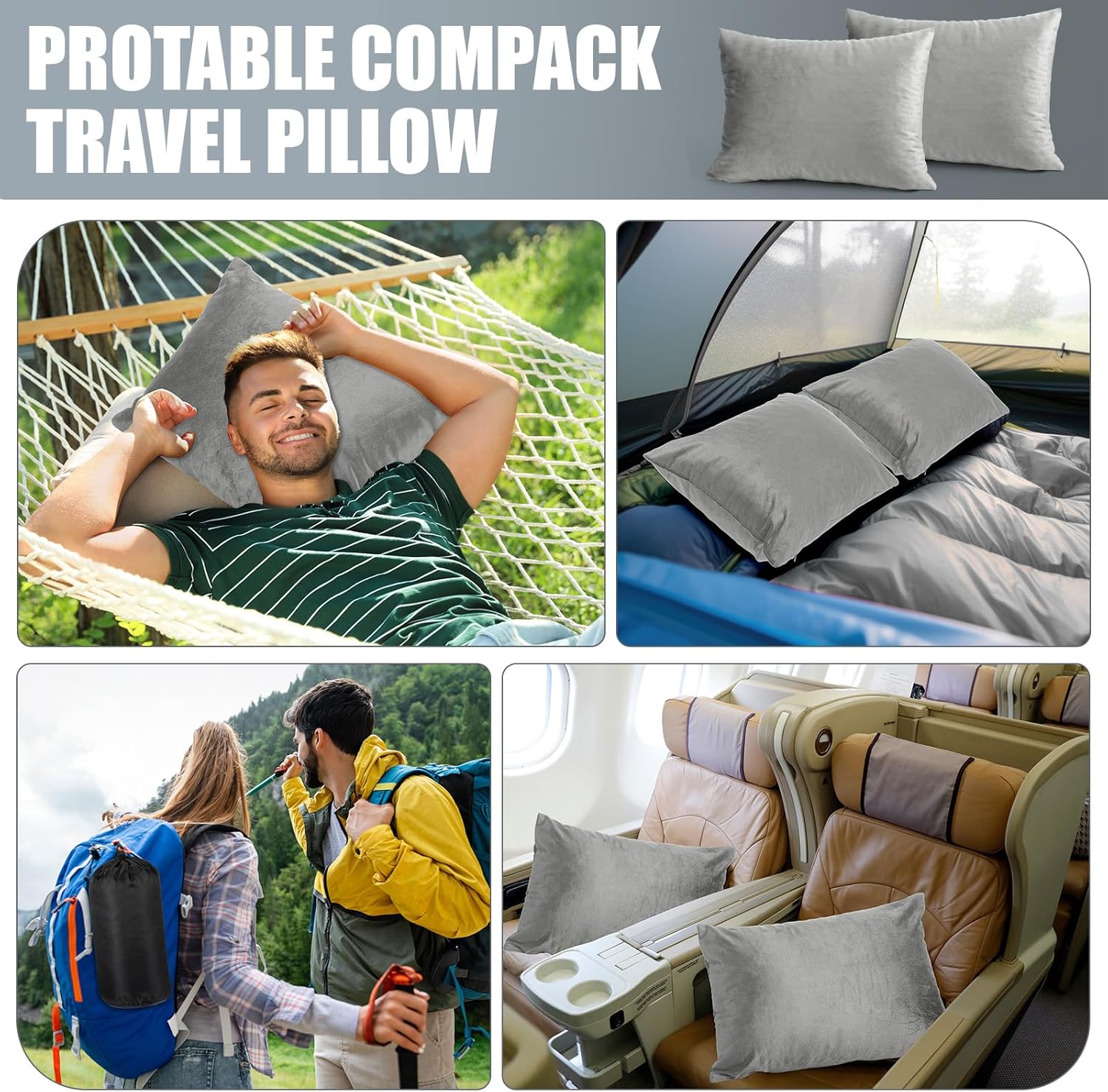 SmoothNovelty 2 Pack Camping Pillow for Sleeping Shredded Memory Foam Travel Pillow with Storage Bag, Compressible Portable Pillow for Outdoor Camp Backpacking Hiking Essential Gear(Grey,Medium)