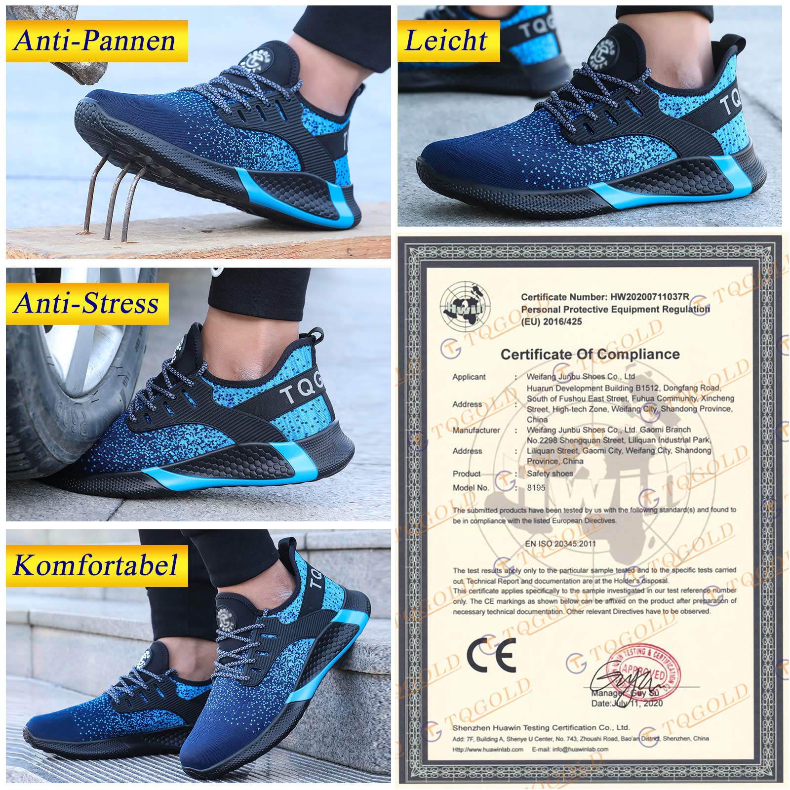 AONETIGER Buty ochronne dla mężczyzn i kobiet, lekkie buty robocze, stalowy nosek, sportowe, oddychające, antypoślizgowe, 8195 niebieski, 47 EU