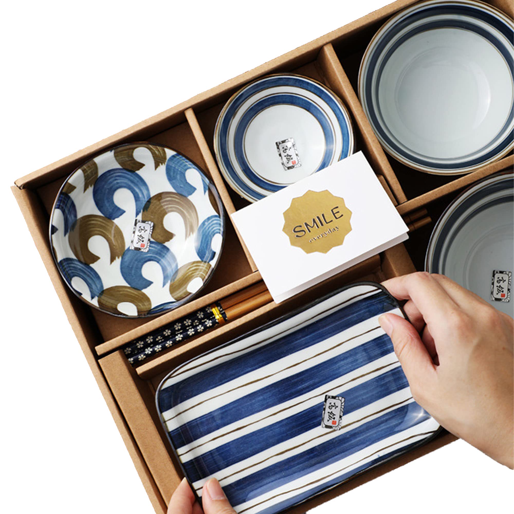 Japanese Underglazed Ceramic Bowl & Plates Tableware for One Person Gift Set-6 pieces (Jap Dyeing)