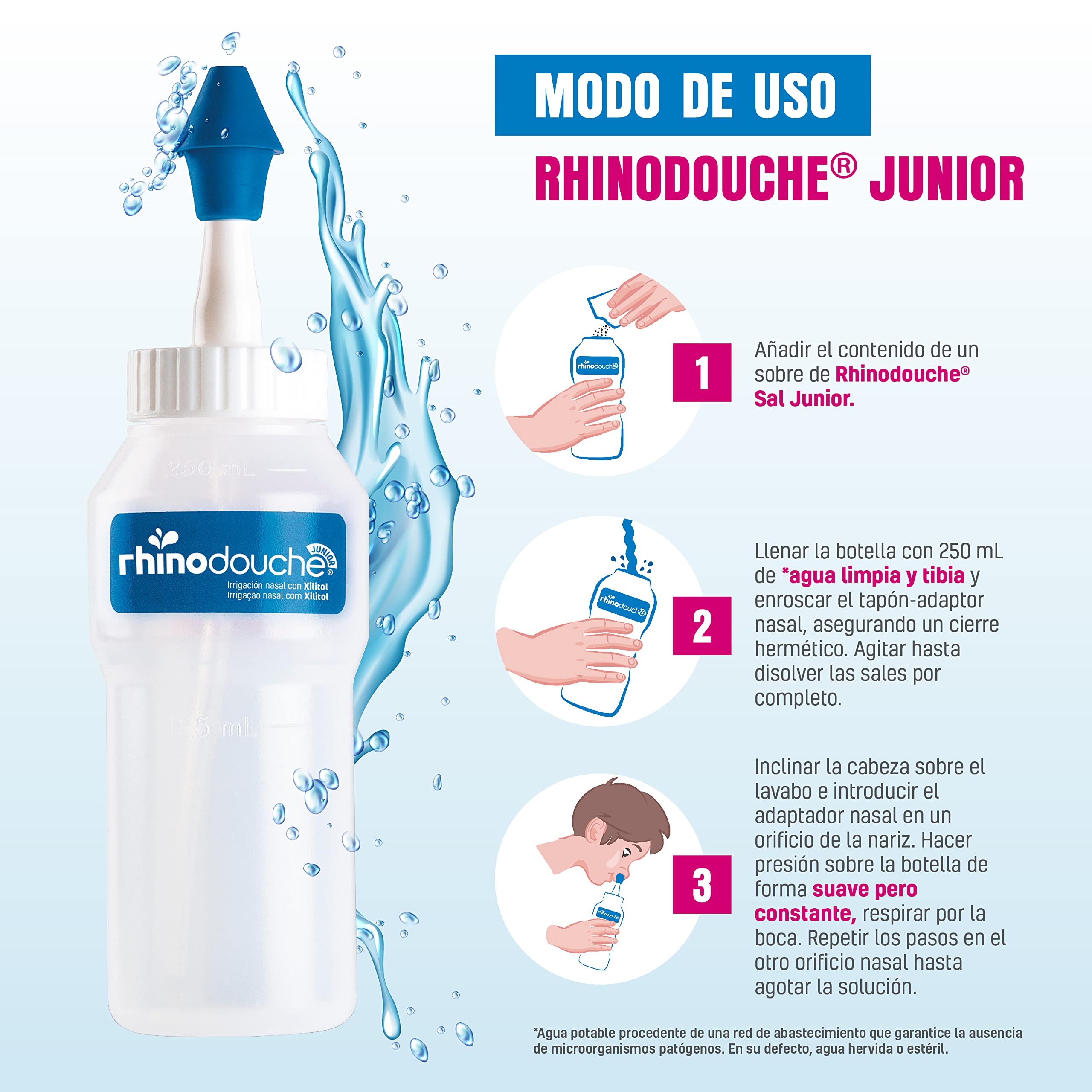 RHINODOUCHE Urgo Junior Nasal Wash Starter Pack contient 250 ml de fil dentaire nasal + 26 sachets de 2,5 g contenant un mélange de sel de xylitol.