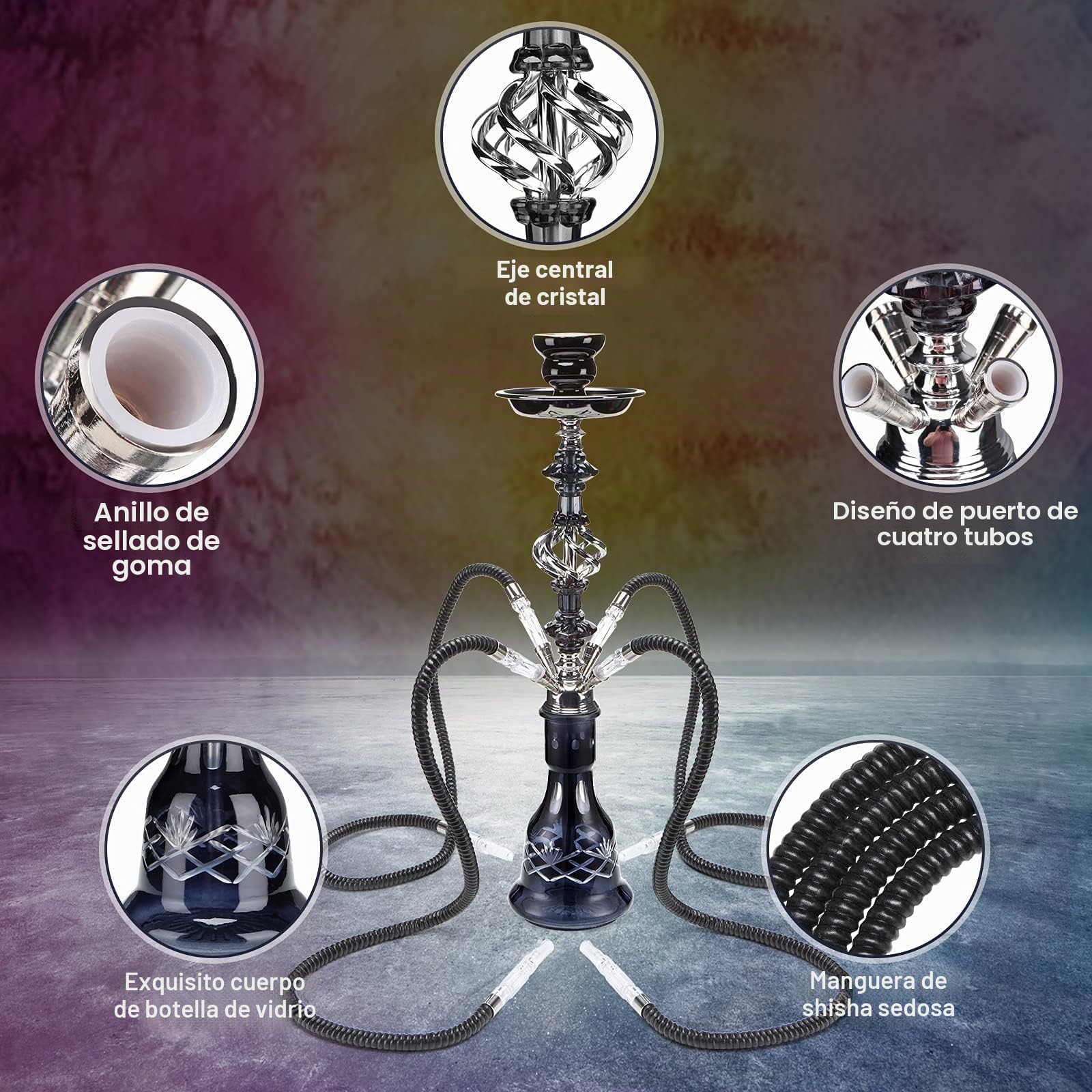 Juego de cachimba con 4 mangueras de 22 pulgadas con jarrón de vidrio, cuenco de cerámica y cenicero de pinzas de carbón (4 azules)