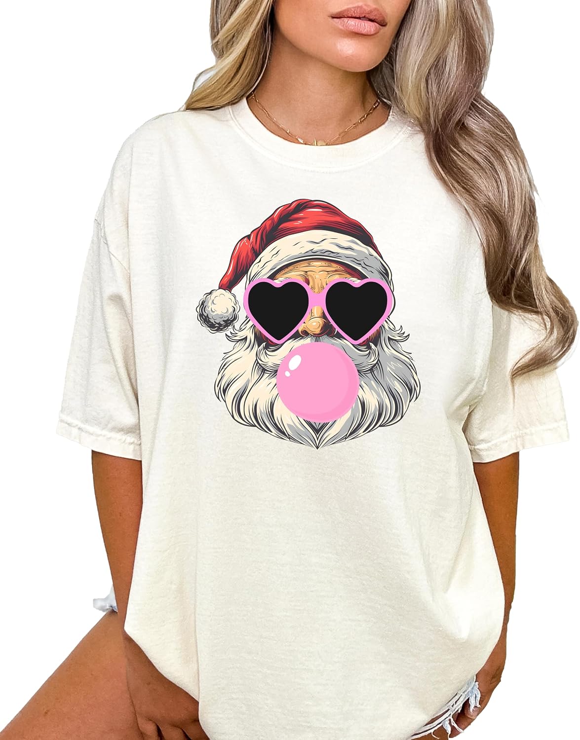 Santa Blowing Bubble Gum Shirt for Women and Teens Cool Santa in Pink Heart Sunglasses Tee