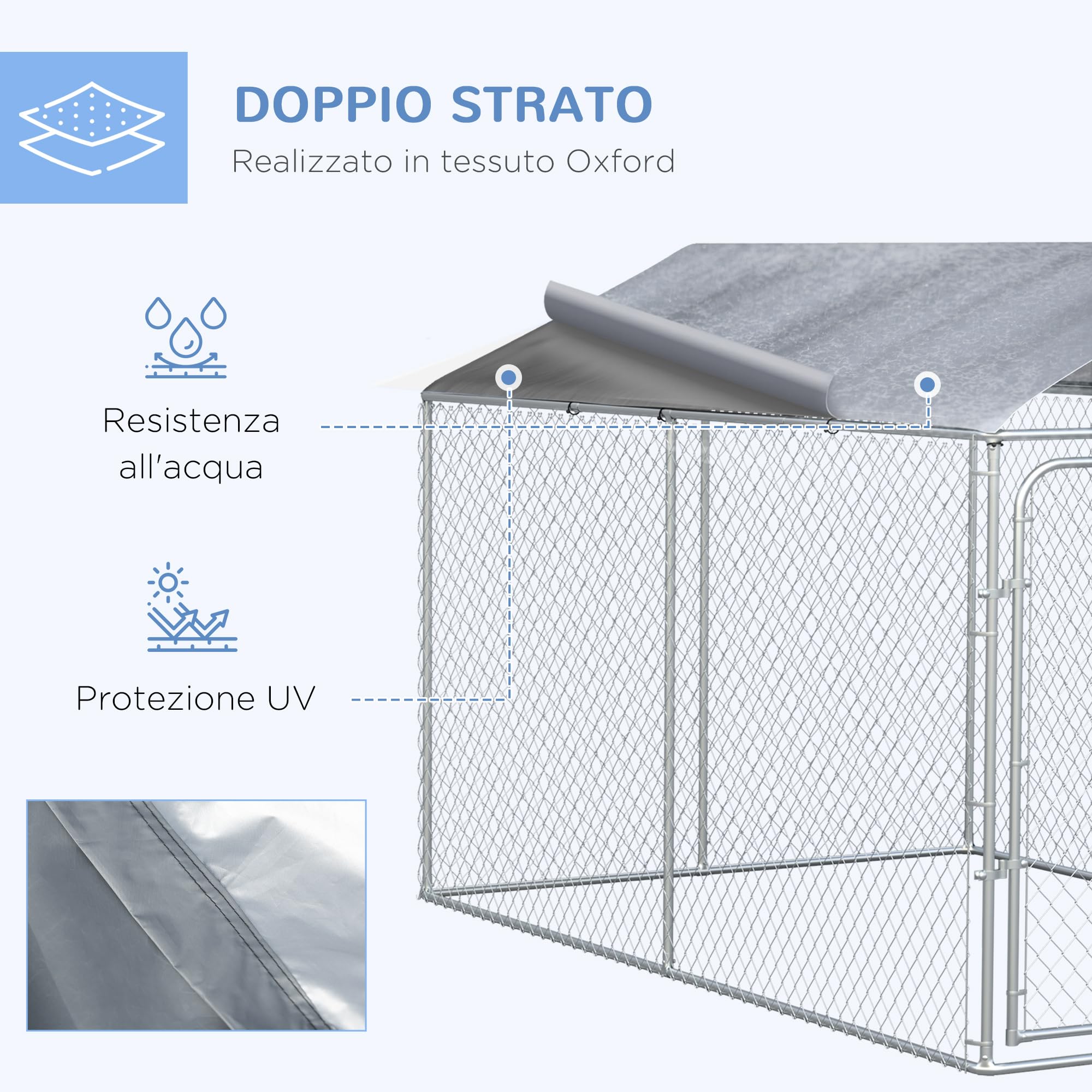 PawHut Kennel per Cani in Metallo Galvanizzato con Tettuccio in Tessuto Oxford, 400x230x232cm, Argento