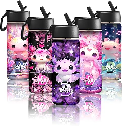 Botellas de agua personalizadas para niñas, lindos ajolotles, botella de agua deportiva de acero inoxidable personalizada con nombre, taza de viaje