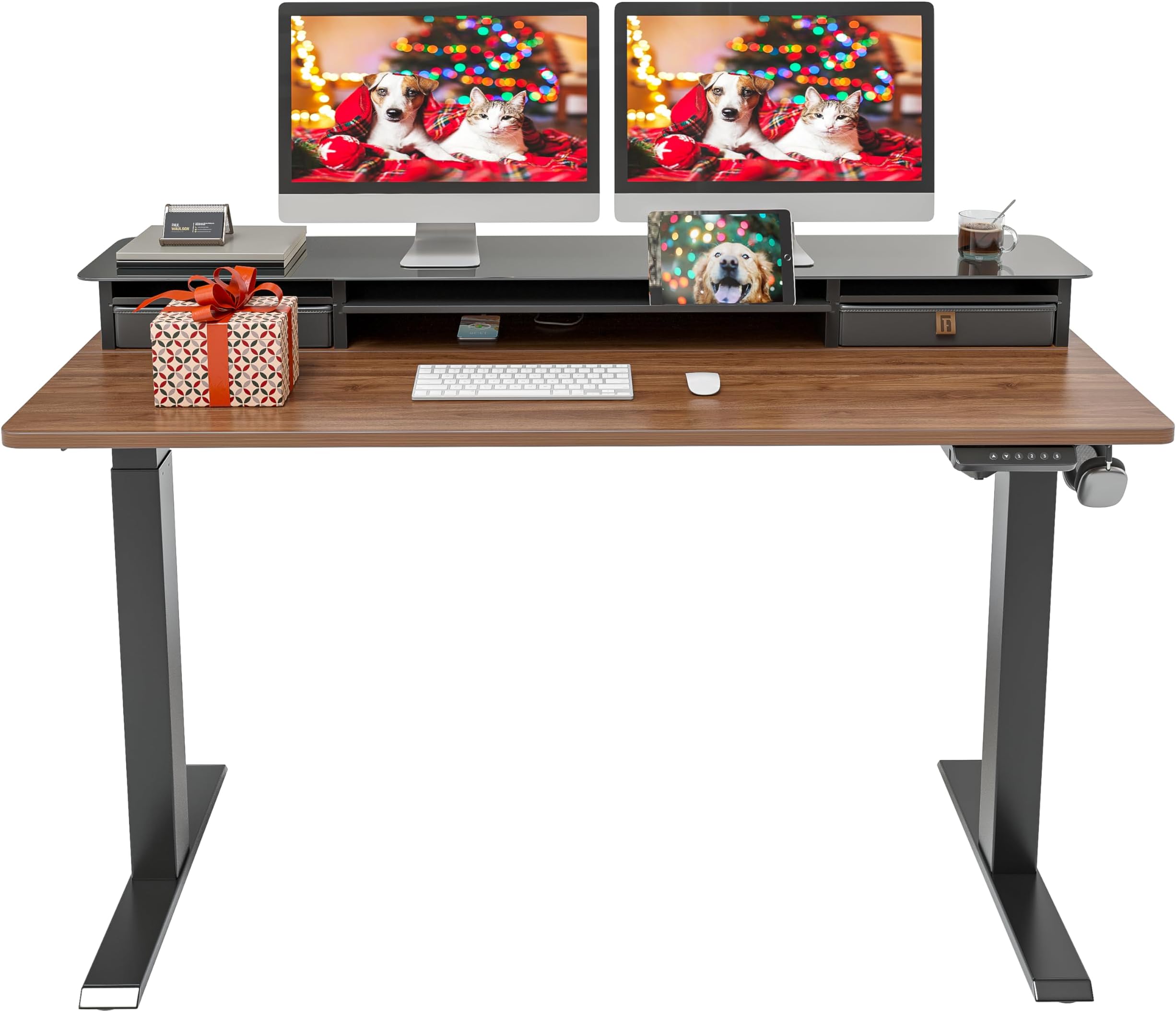 FEZIBO 55 x 24 Inch Height Adjustable Electric Standing Desk with Double Drawer, Sit Stand Desk, Black Walnut